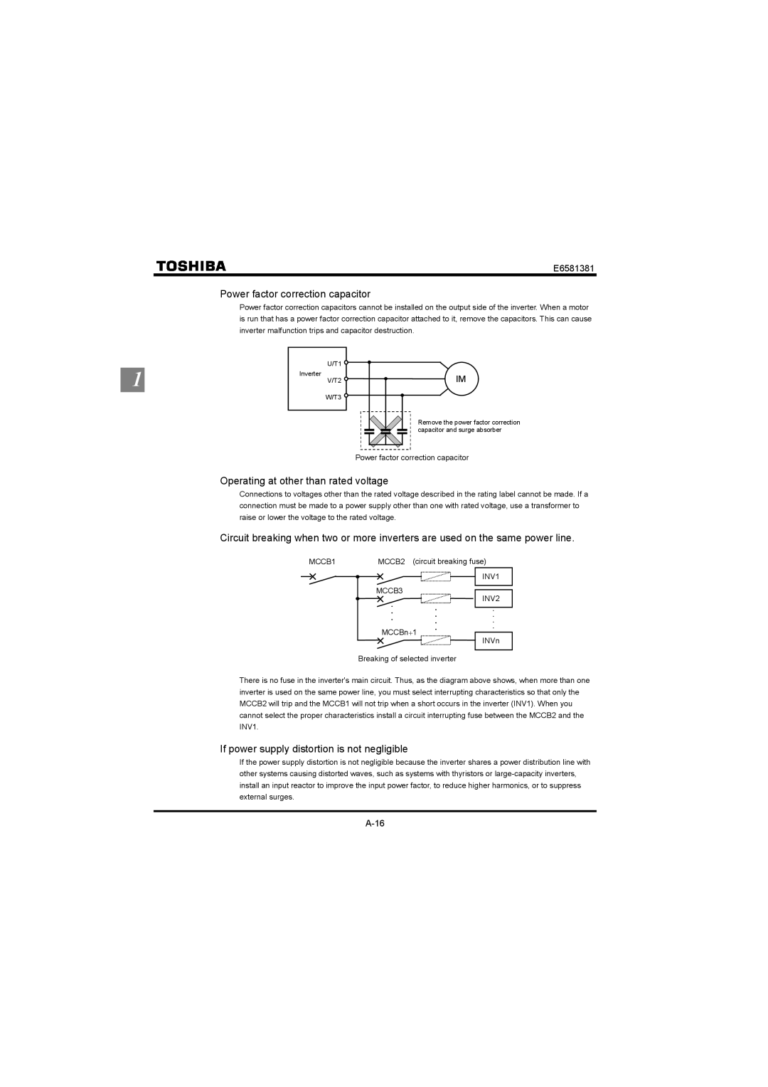 Toshiba VF-FS1 Power factor correction capacitor, Operating at other than rated voltage, MCCB1, INV1 MCCB3 INV2 