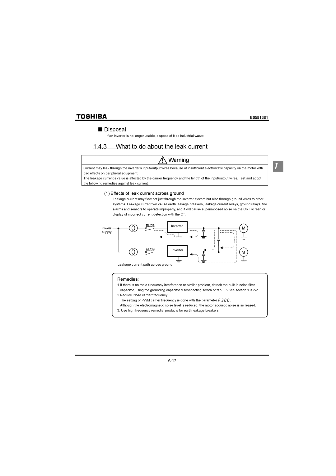 Toshiba VF-FS1 instruction manual What to do about the leak current, Effects of leak current across ground, Remedies, Elcb 