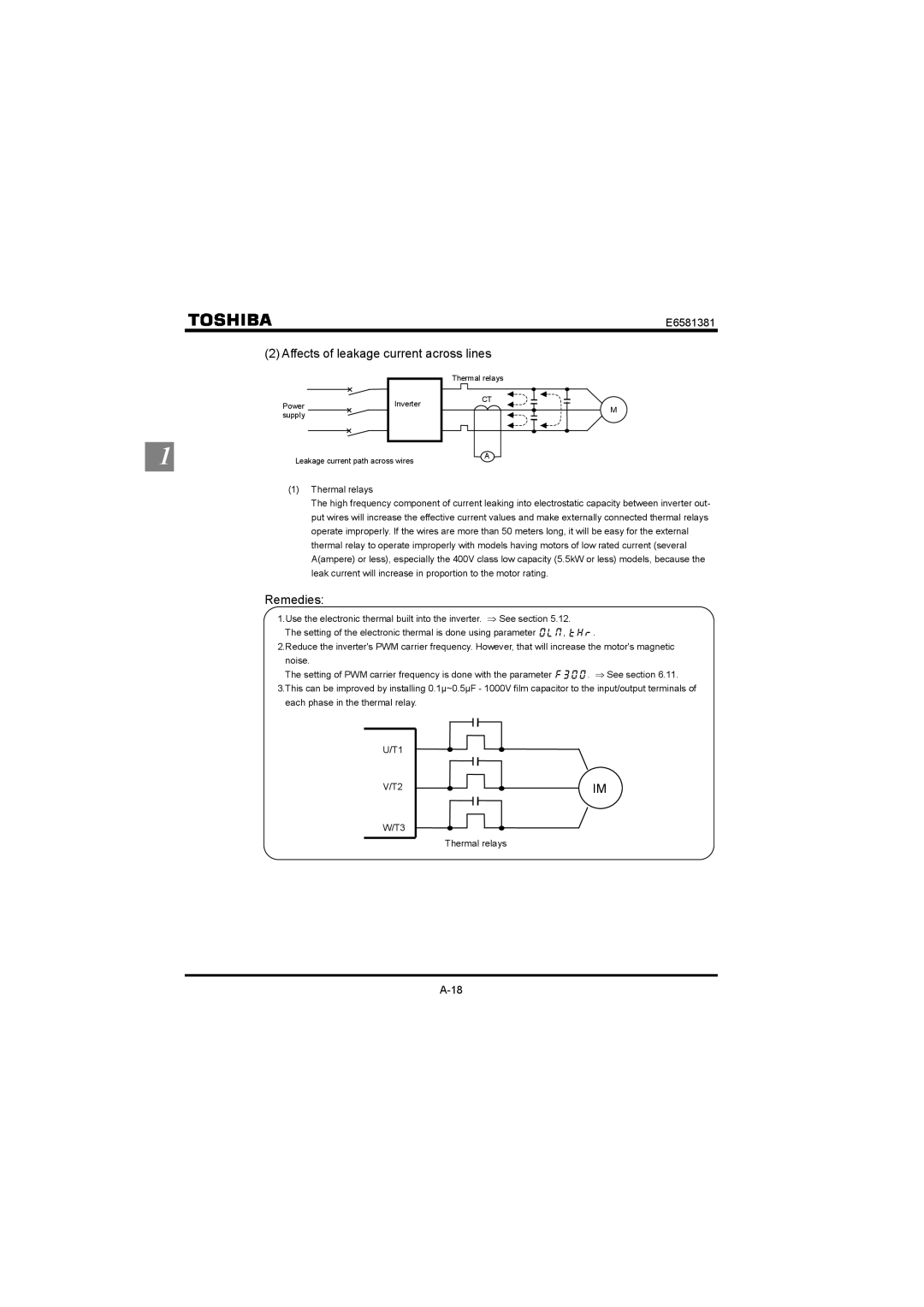 Toshiba VF-FS1 instruction manual Affects of leakage current across lines 