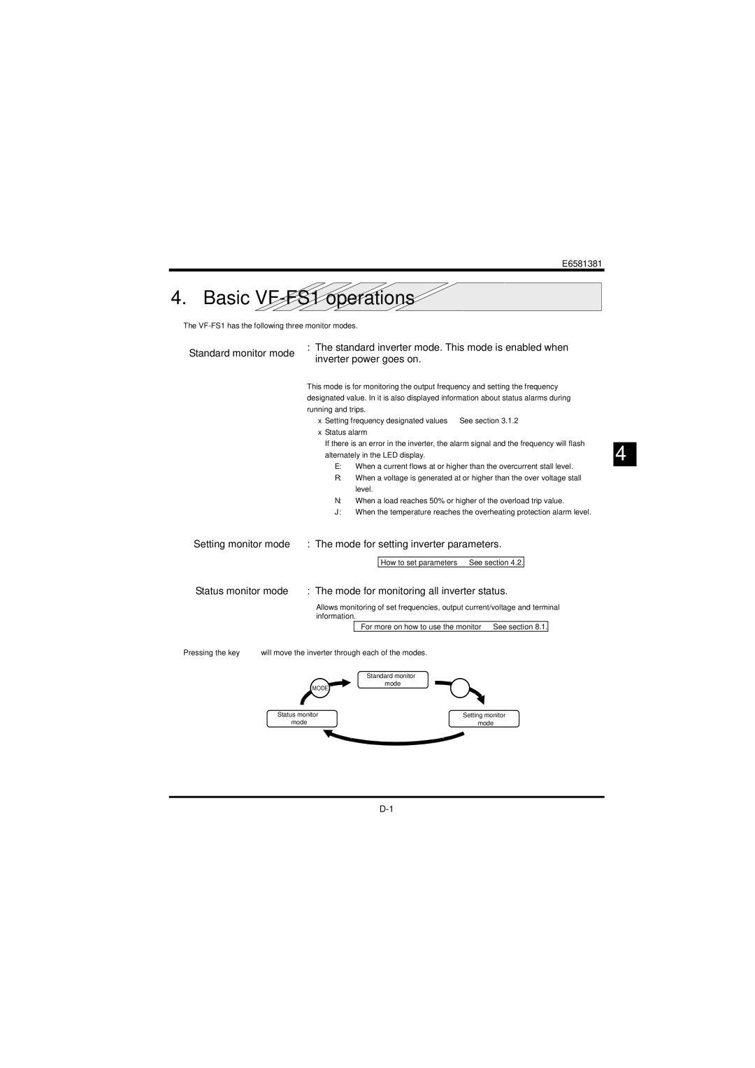 Toshiba instruction manual Basic VF-FS1 operations, Setting monitor mode Mode for setting inverter parameters 