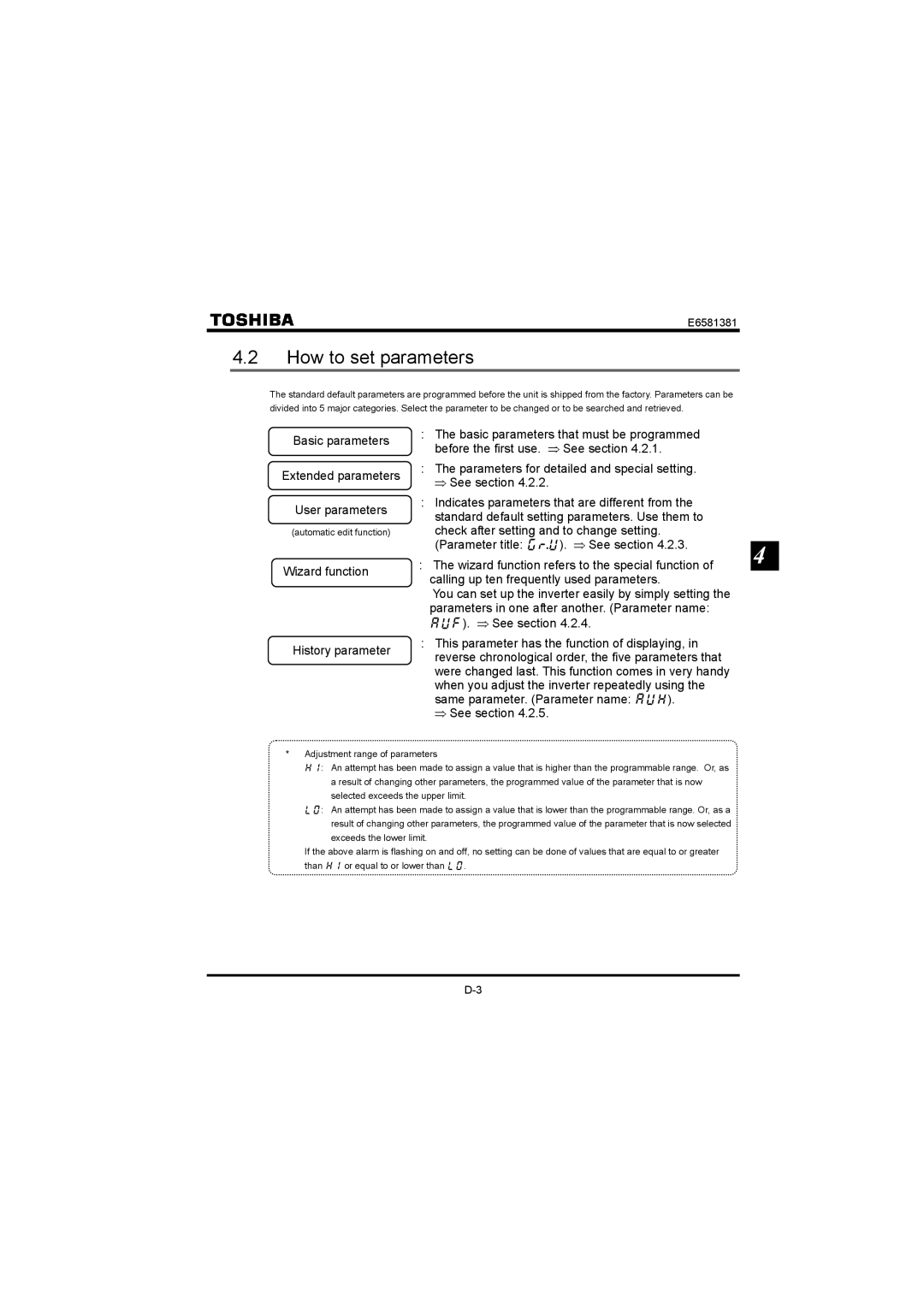 Toshiba VF-FS1 instruction manual How to set parameters, Basic parameters Extended parameters User parameters 