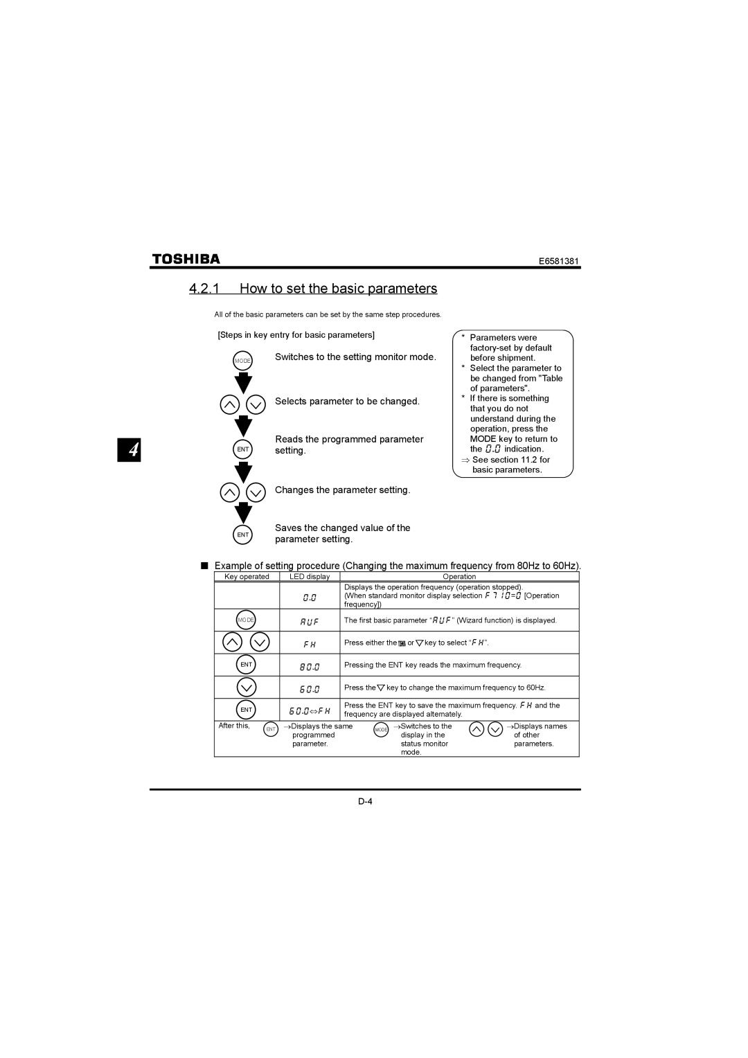 Toshiba VF-FS1 instruction manual How to set the basic parameters, Changes the parameter setting Saves the changed value 