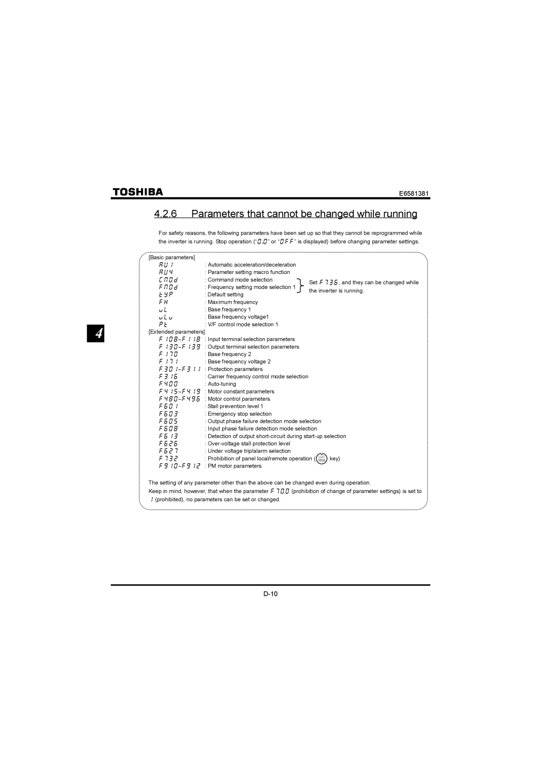 Toshiba VF-FS1 instruction manual Parameters that cannot be changed while running, Cw 