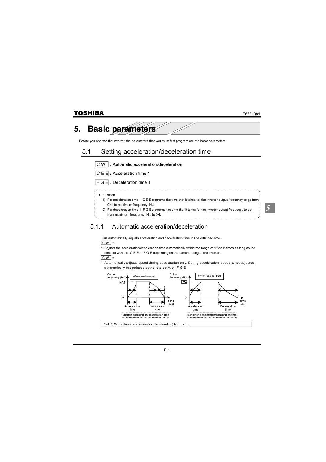 Toshiba VF-FS1 Basic parameters, Setting acceleration/deceleration time, Automatic acceleration/deceleration 