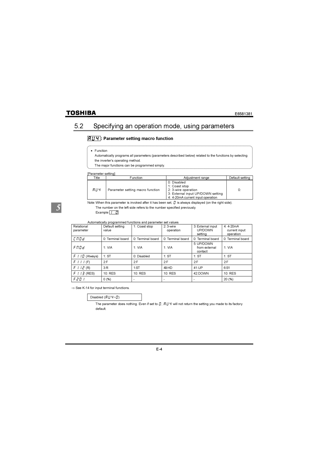 Toshiba VF-FS1 instruction manual Specifying an operation mode, using parameters, EoF, Up/Down HoF, 42DOWN 