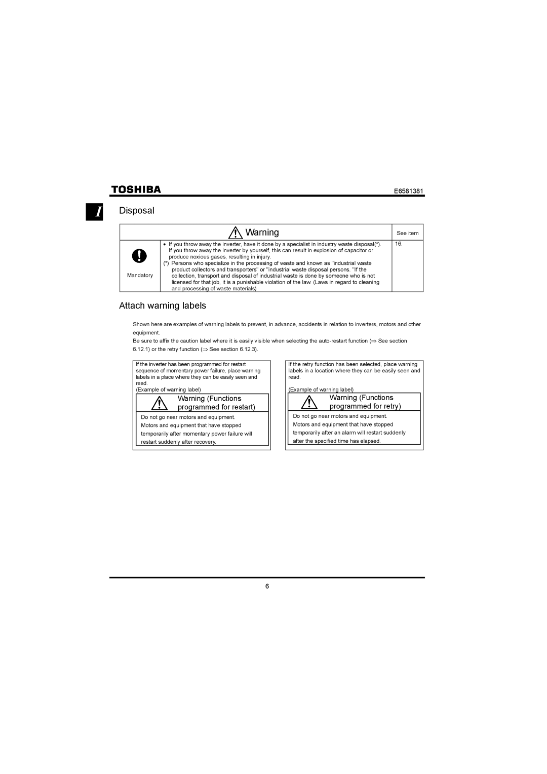 Toshiba VF-FS1 instruction manual Disposal, Attach warning labels 