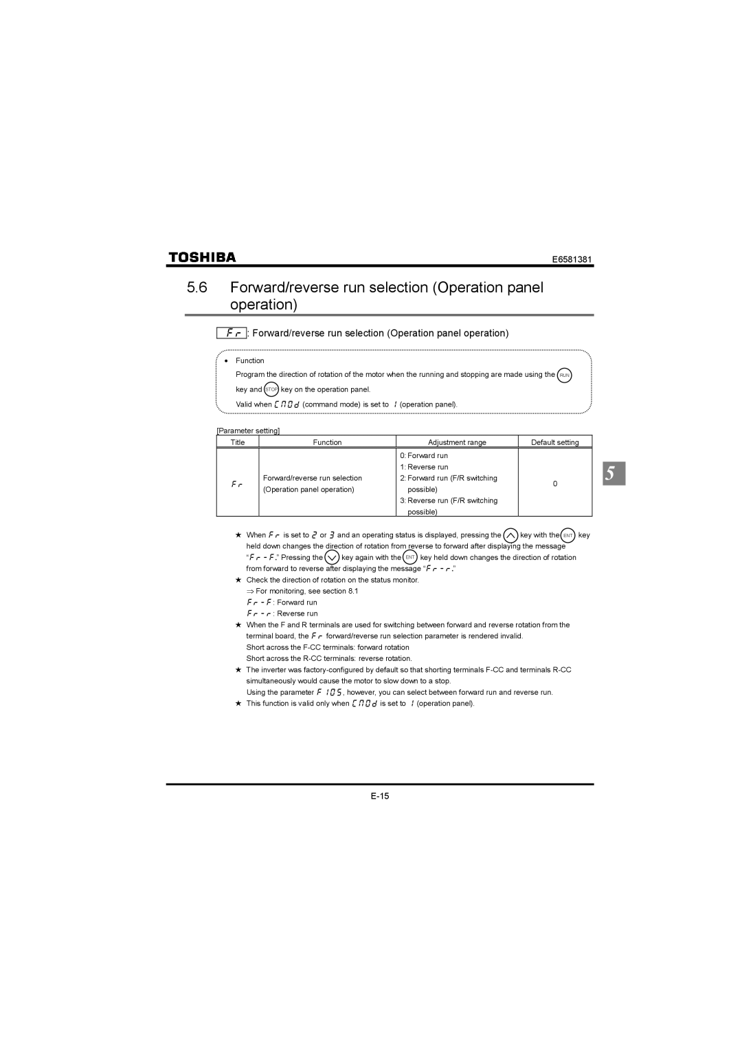 Toshiba VF-FS1 instruction manual Forward/reverse run selection Operation panel operation 