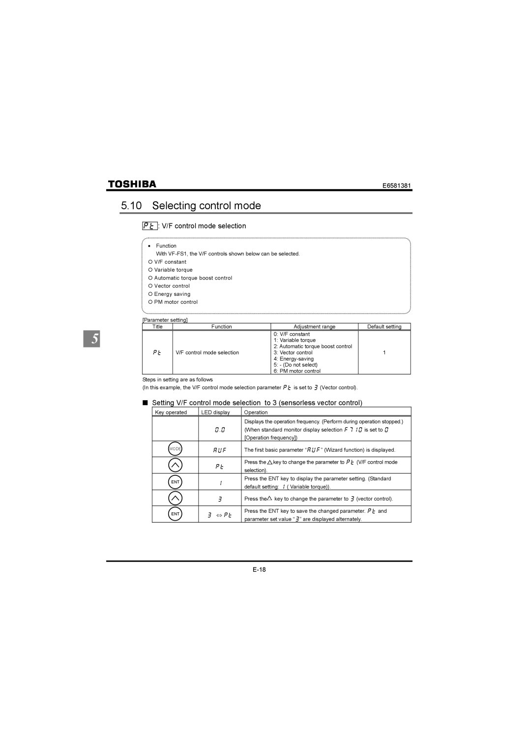 Toshiba VF-FS1 instruction manual Selecting control mode, RV V/F control mode selection 