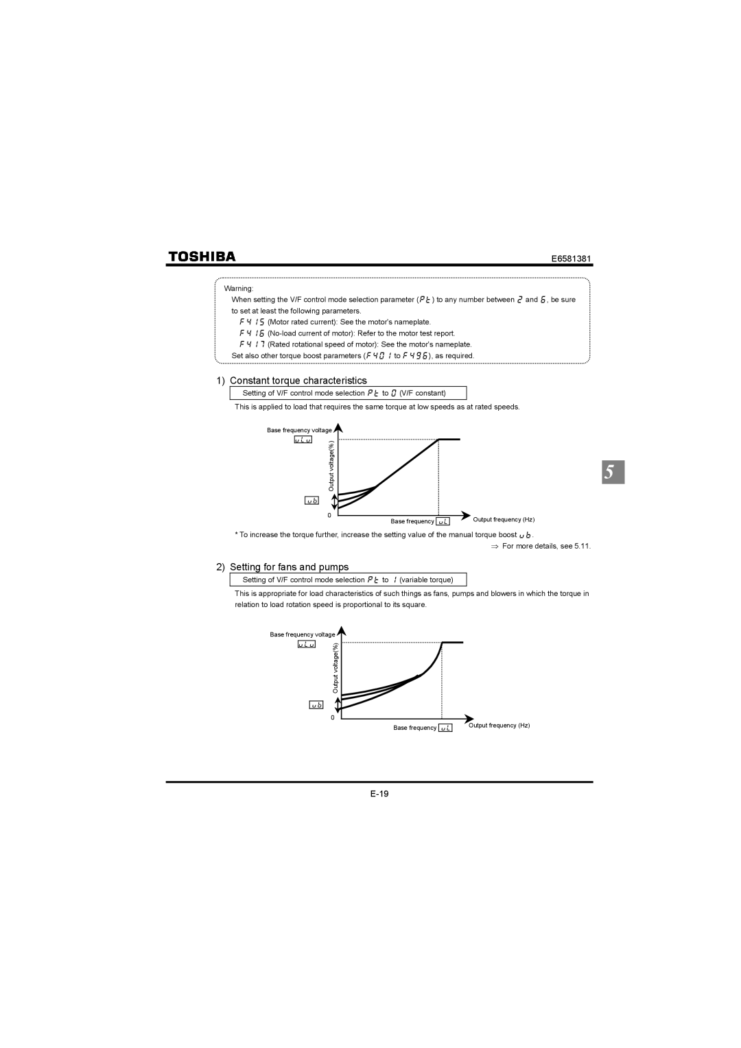 Toshiba VF-FS1 instruction manual Constant torque characteristics, Setting for fans and pumps 