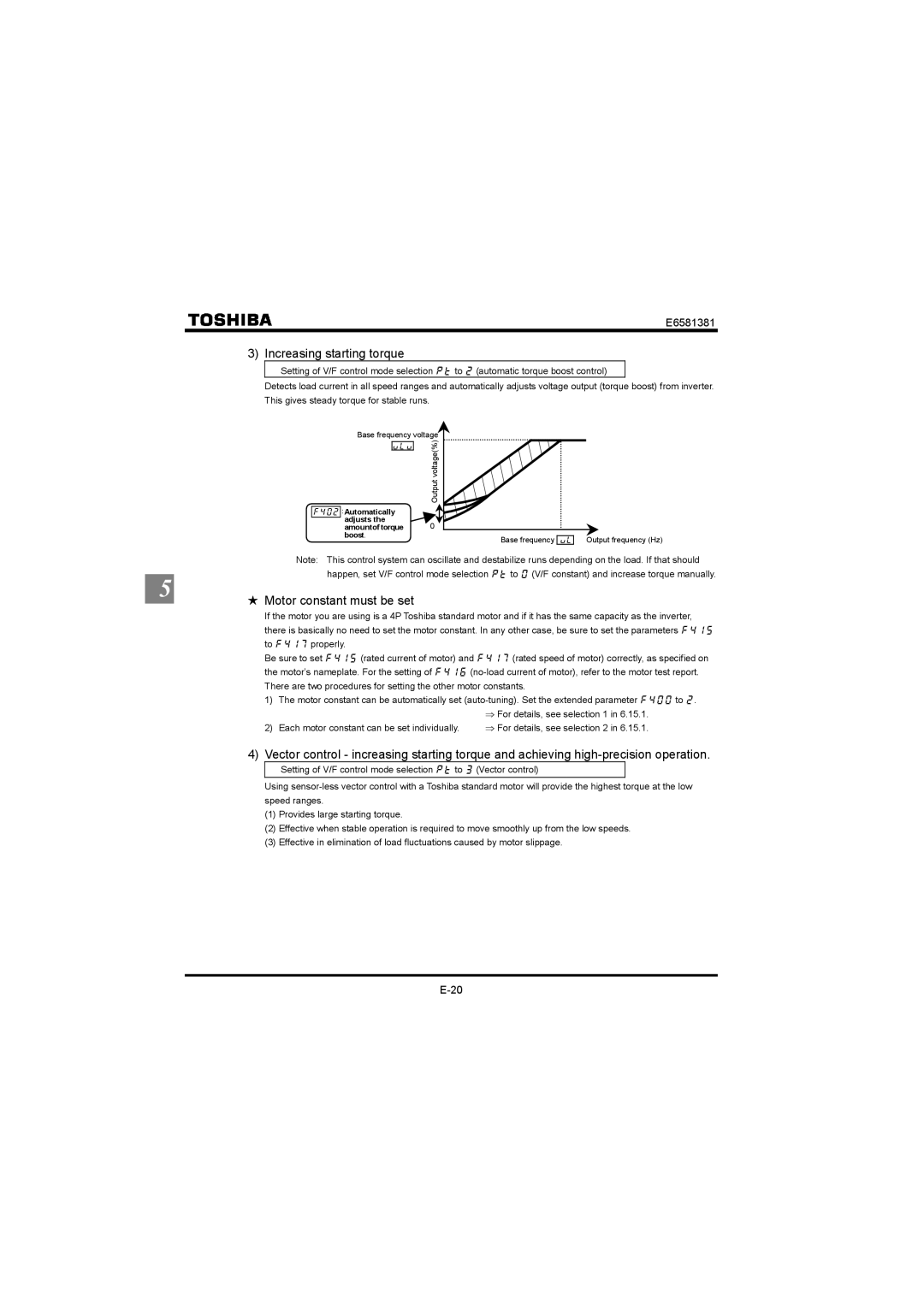 Toshiba VF-FS1 instruction manual Increasing starting torque, Motor constant must be set 