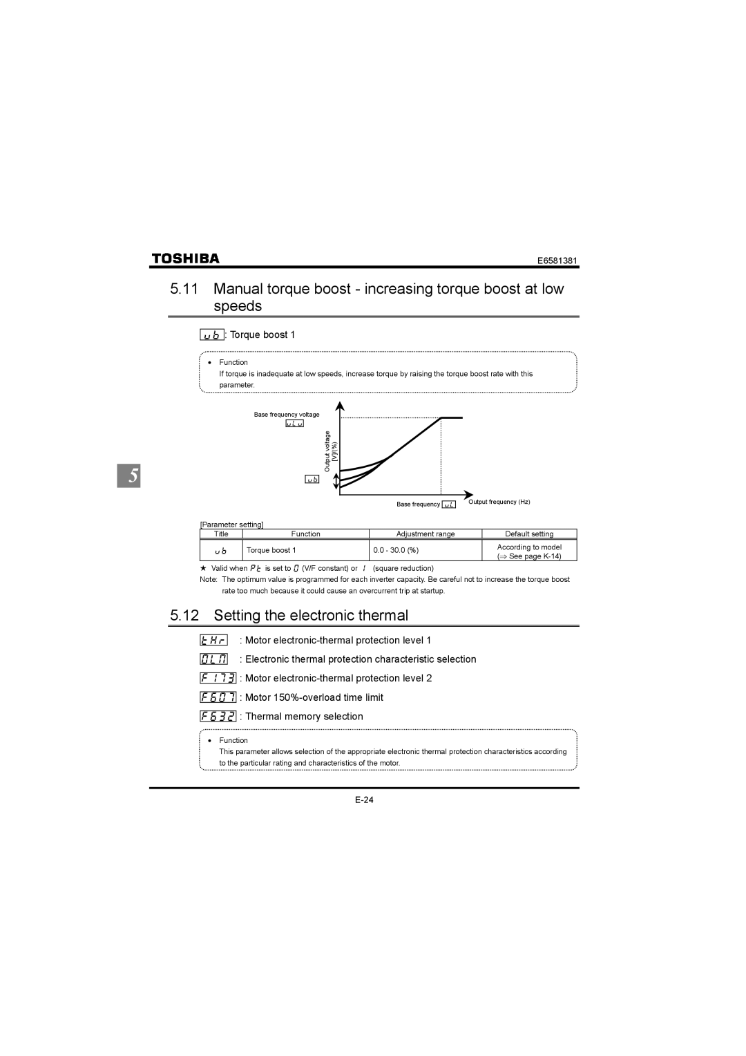 Toshiba VF-FS1 Manual torque boost increasing torque boost at low speeds, Setting the electronic thermal, XD Torque boost 