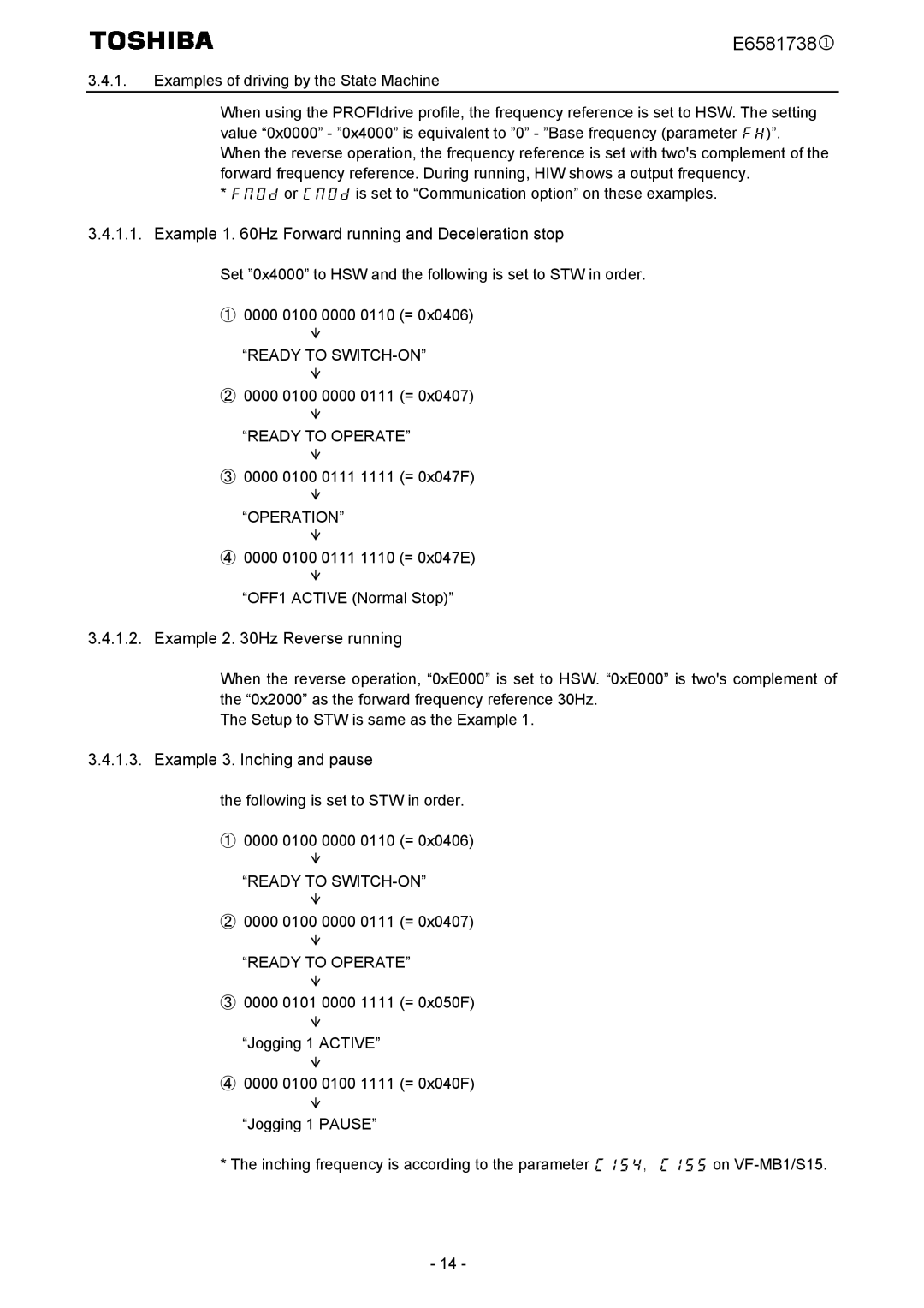 Toshiba VF-MB1/S15 instruction manual Example 1 Hz Forward running and Deceleration stop 