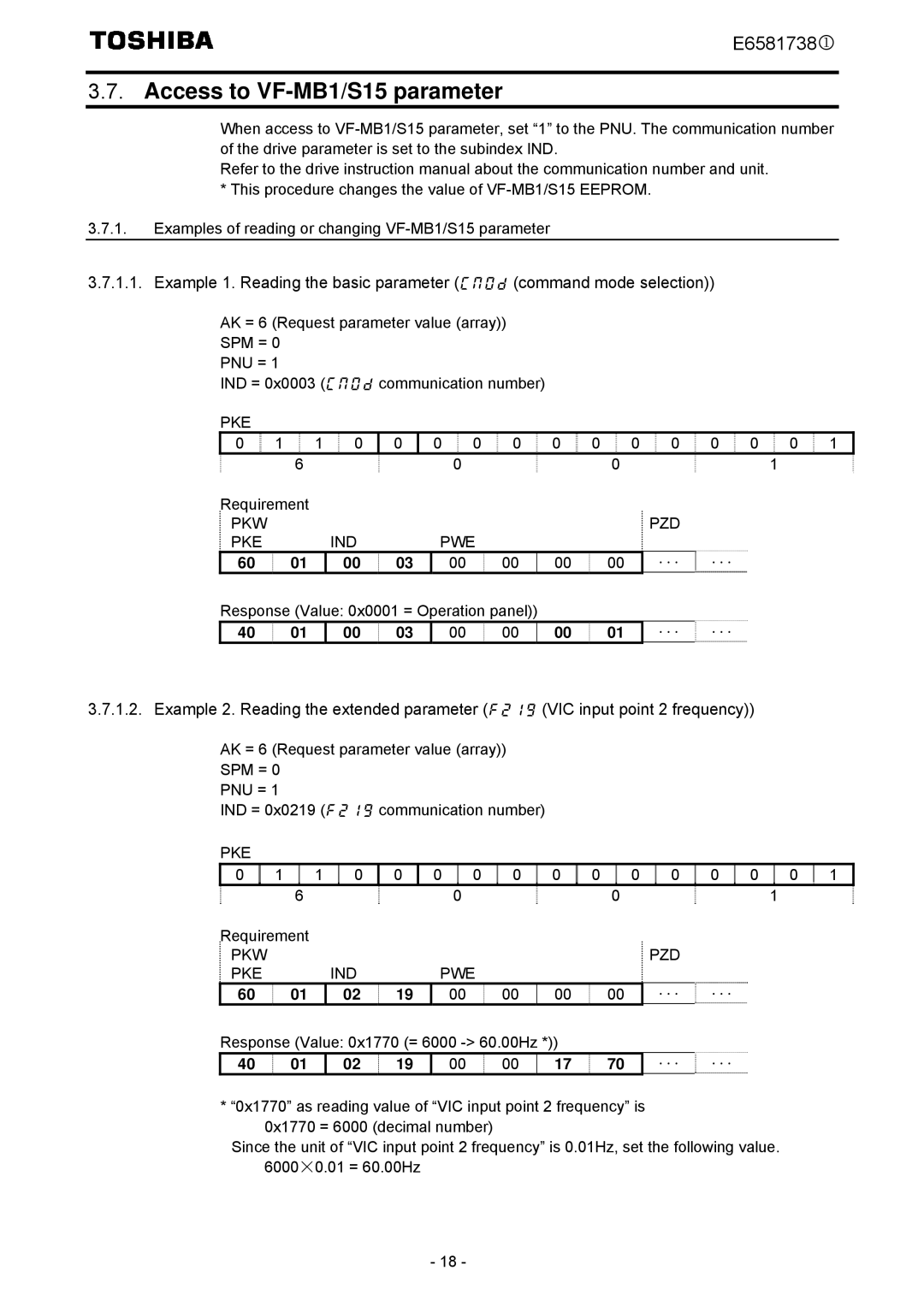 Toshiba instruction manual Access to VF-MB1/S15 parameter 