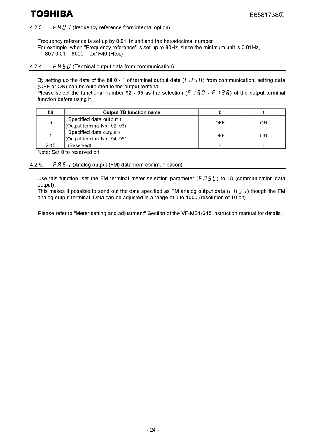 Toshiba VF-MB1/S15 instruction manual Specified data output 