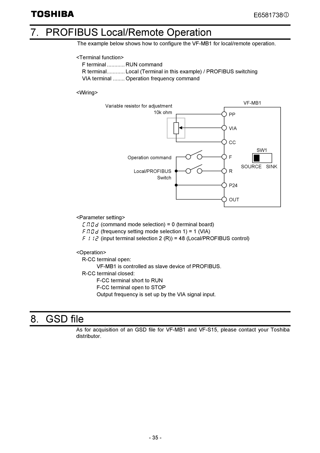 Toshiba VF-MB1/S15 instruction manual Profibus Local/Remote Operation, GSD file 