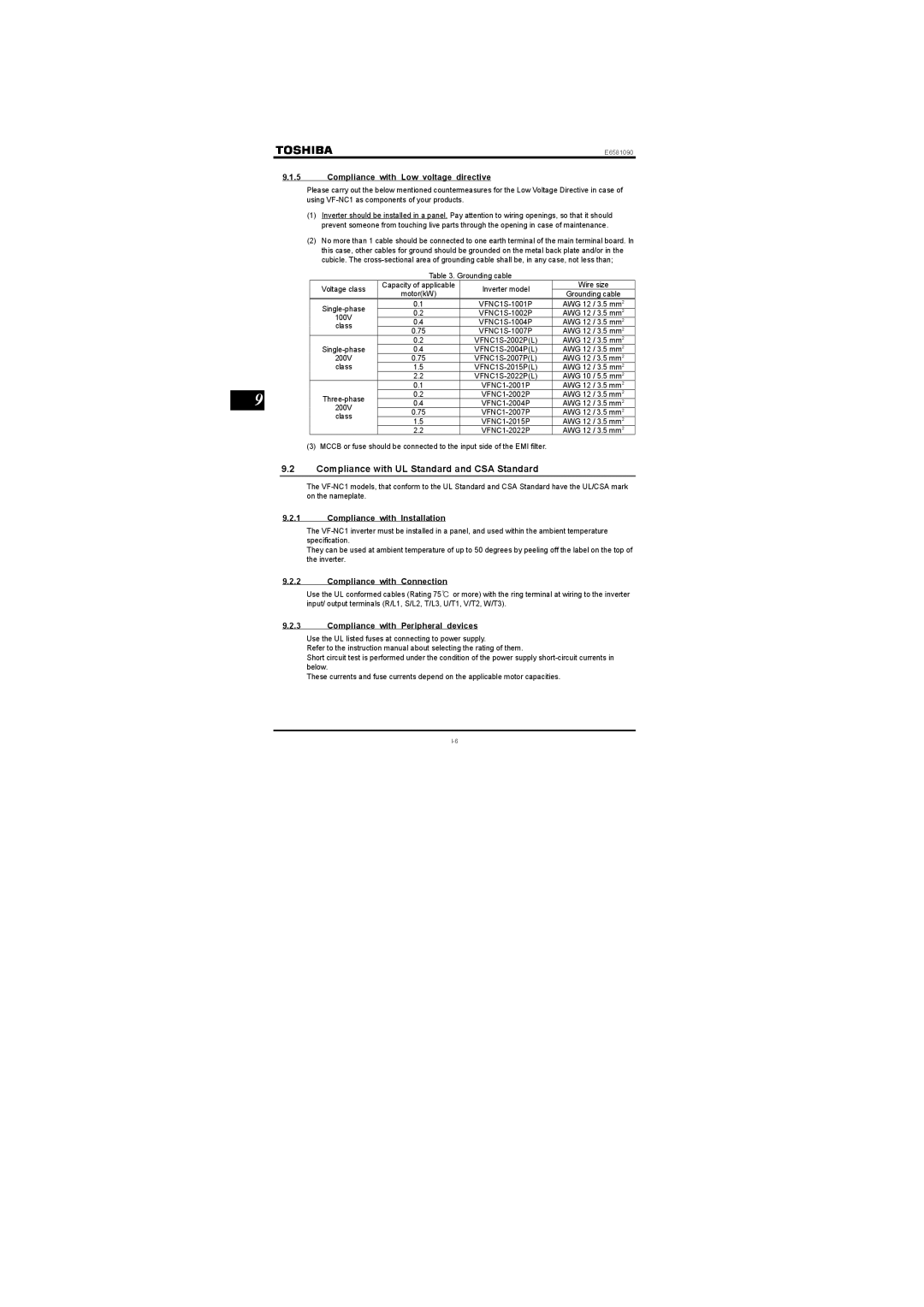 Toshiba VF-nC1 instruction manual Compliance with UL Standard and CSA Standard, Compliance with Low voltage directive 