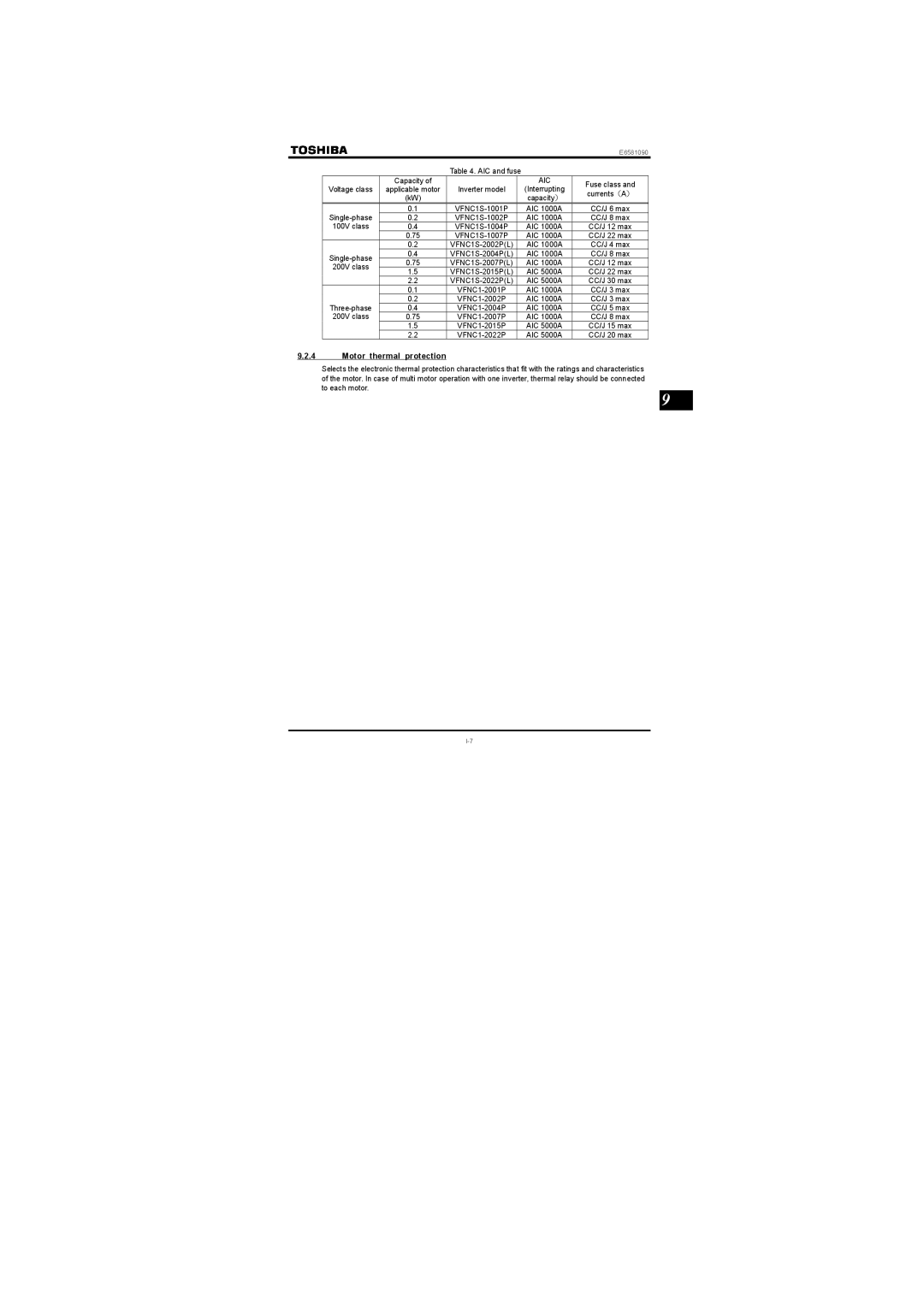 Toshiba VF-nC1 instruction manual Motor thermal protection, Aic 