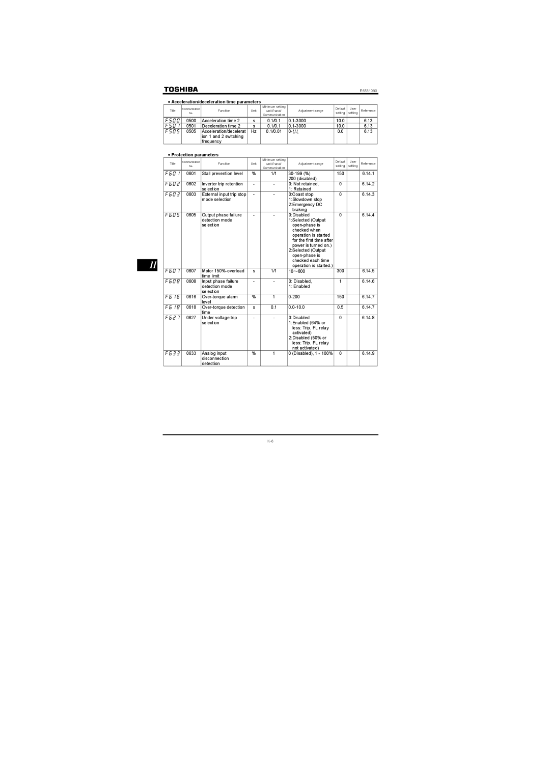 Toshiba VF-nC1 instruction manual Acceleration/deceleration time parameters, Protection parameters 