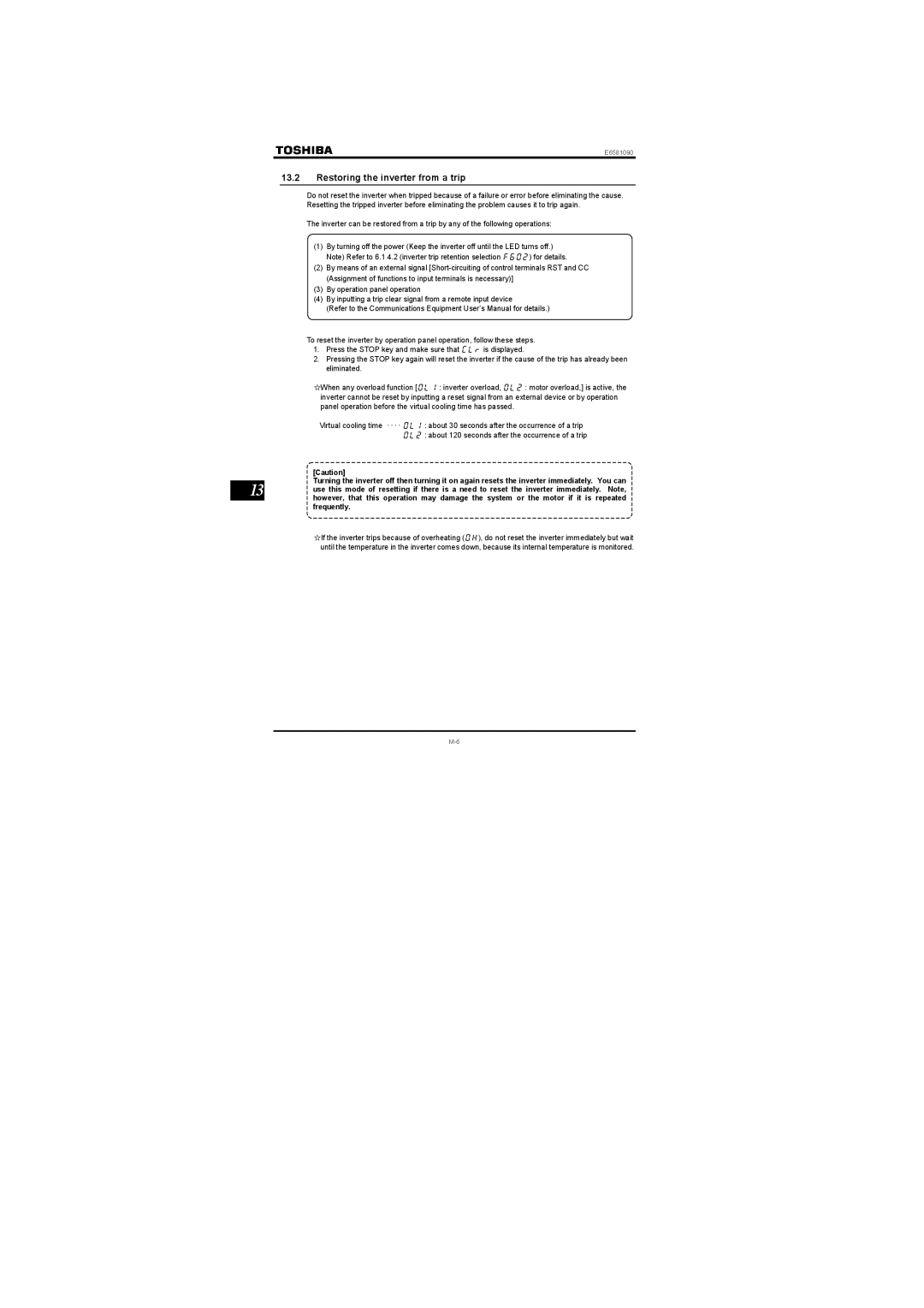 Toshiba VF-nC1 instruction manual Restoring the inverter from a trip 