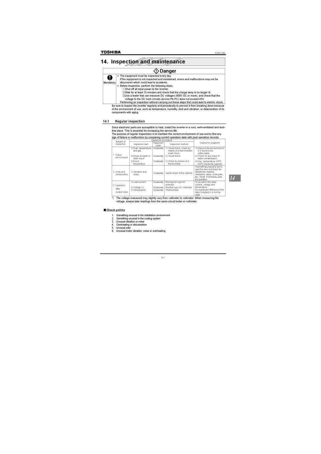 Toshiba VF-nC1 instruction manual Inspection and maintenance, Regular inspection, Check points 