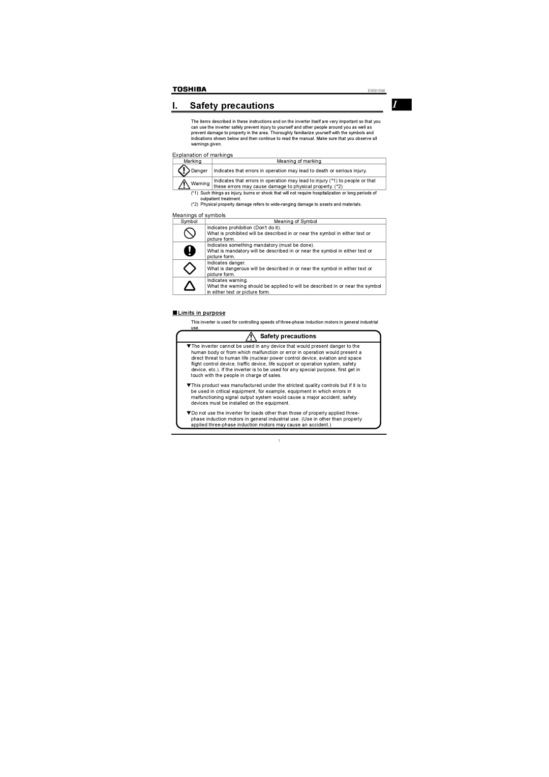 Toshiba VF-nC1 instruction manual Safety precautions, Limits in purpose 