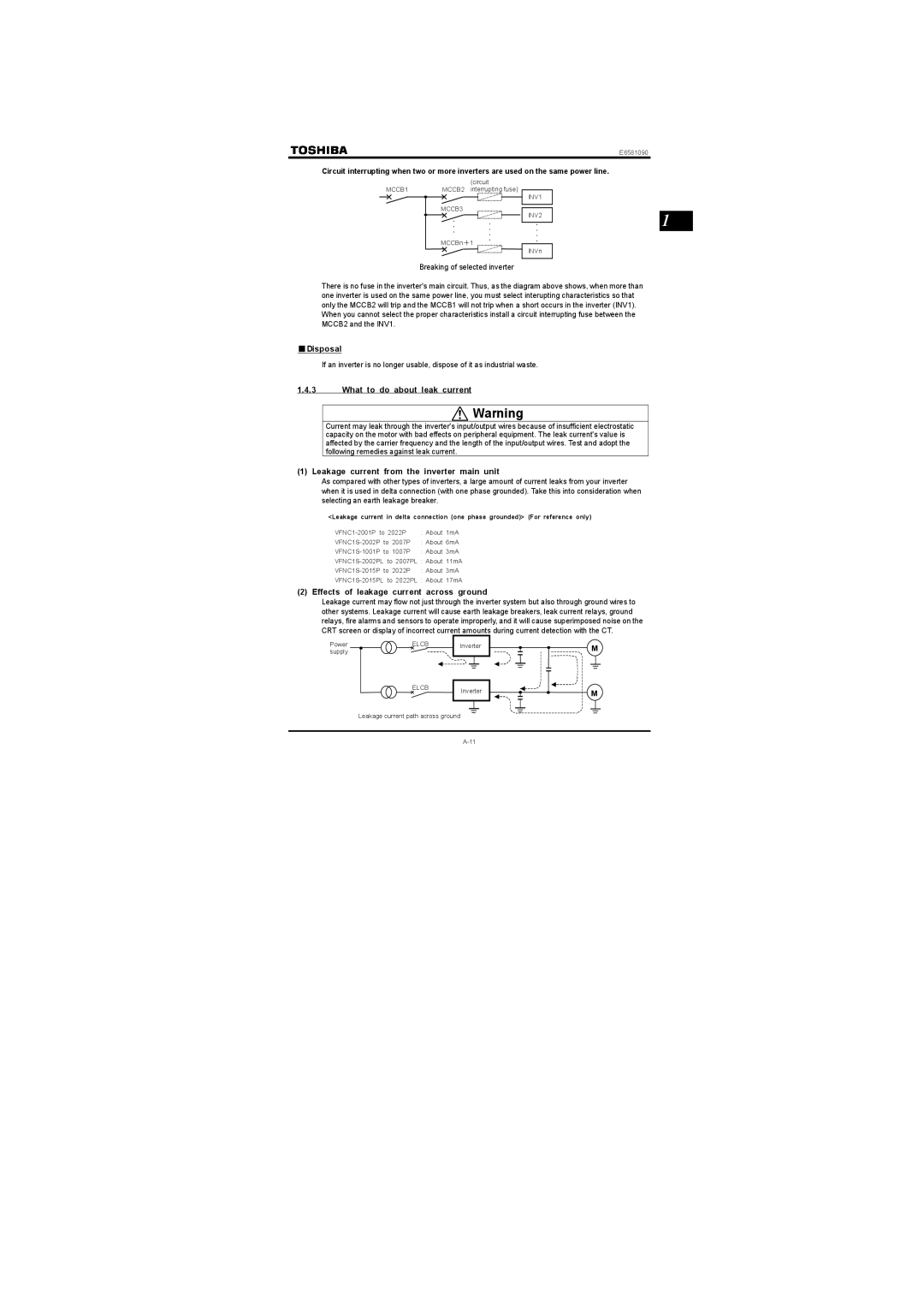 Toshiba VF-nC1 instruction manual Disposal, What to do about leak current, Leakage current from the inverter main unit 