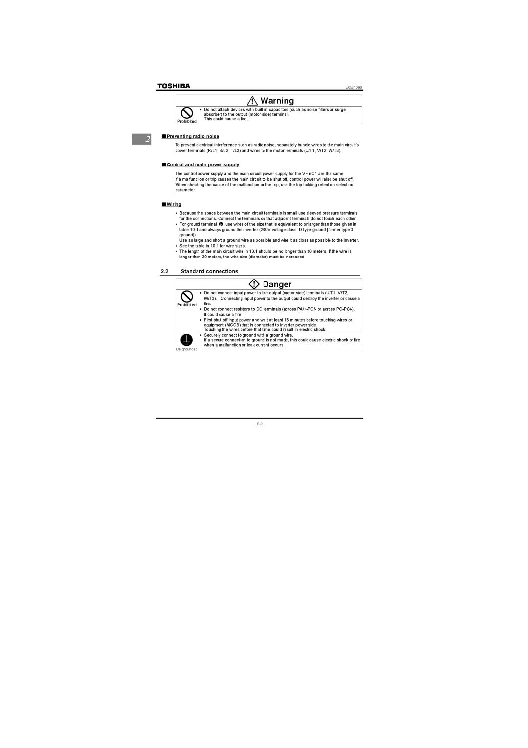 Toshiba VF-nC1 instruction manual Standard connections, Preventing radio noise, Control and main power supply, Wiring 