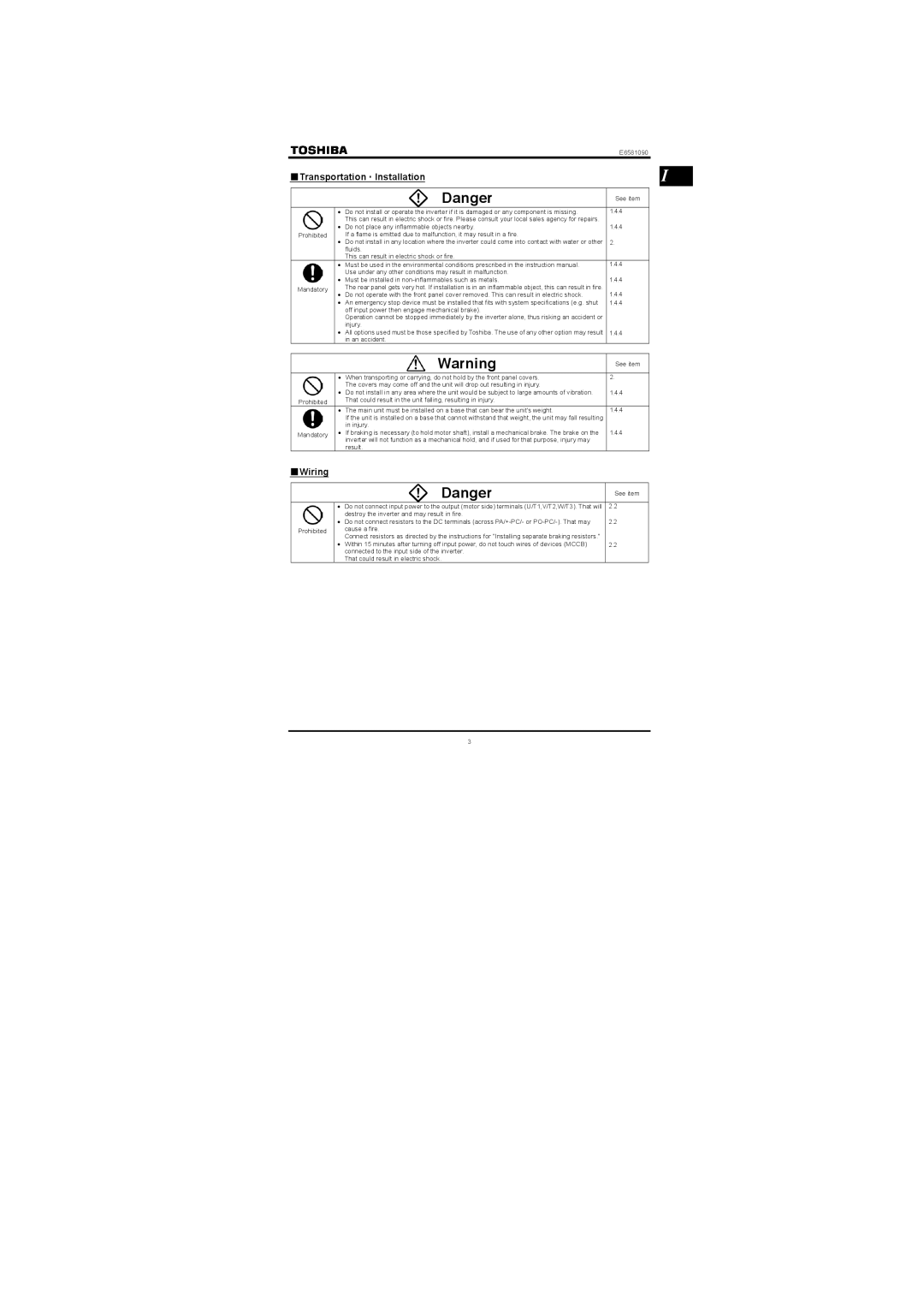 Toshiba VF-nC1 instruction manual Transportation ‚ Installation, Wiring 