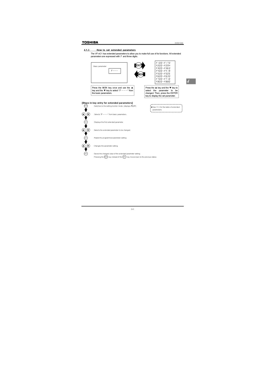 Toshiba VF-nC1 instruction manual How to set extended parameters, Steps in key entry for extended parameters 