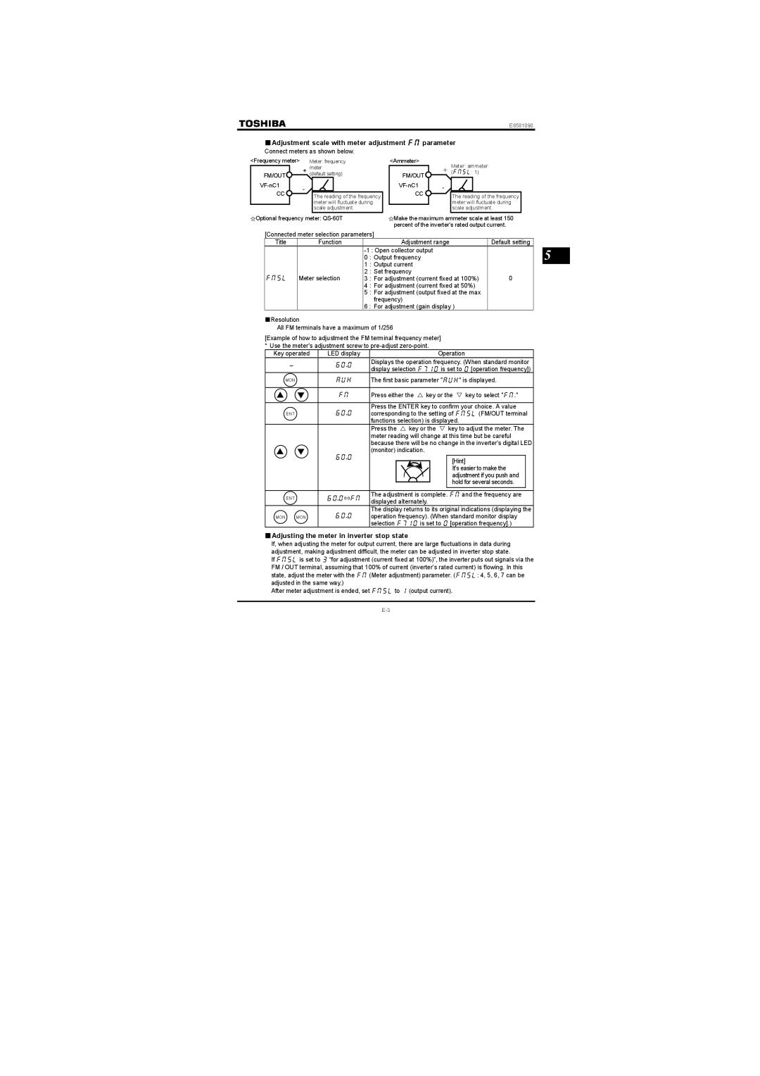 Toshiba VF-nC1 Adjustment scale with meter adjustment HO parameter, Adjusting the meter in inverter stop state, Fm/Out 