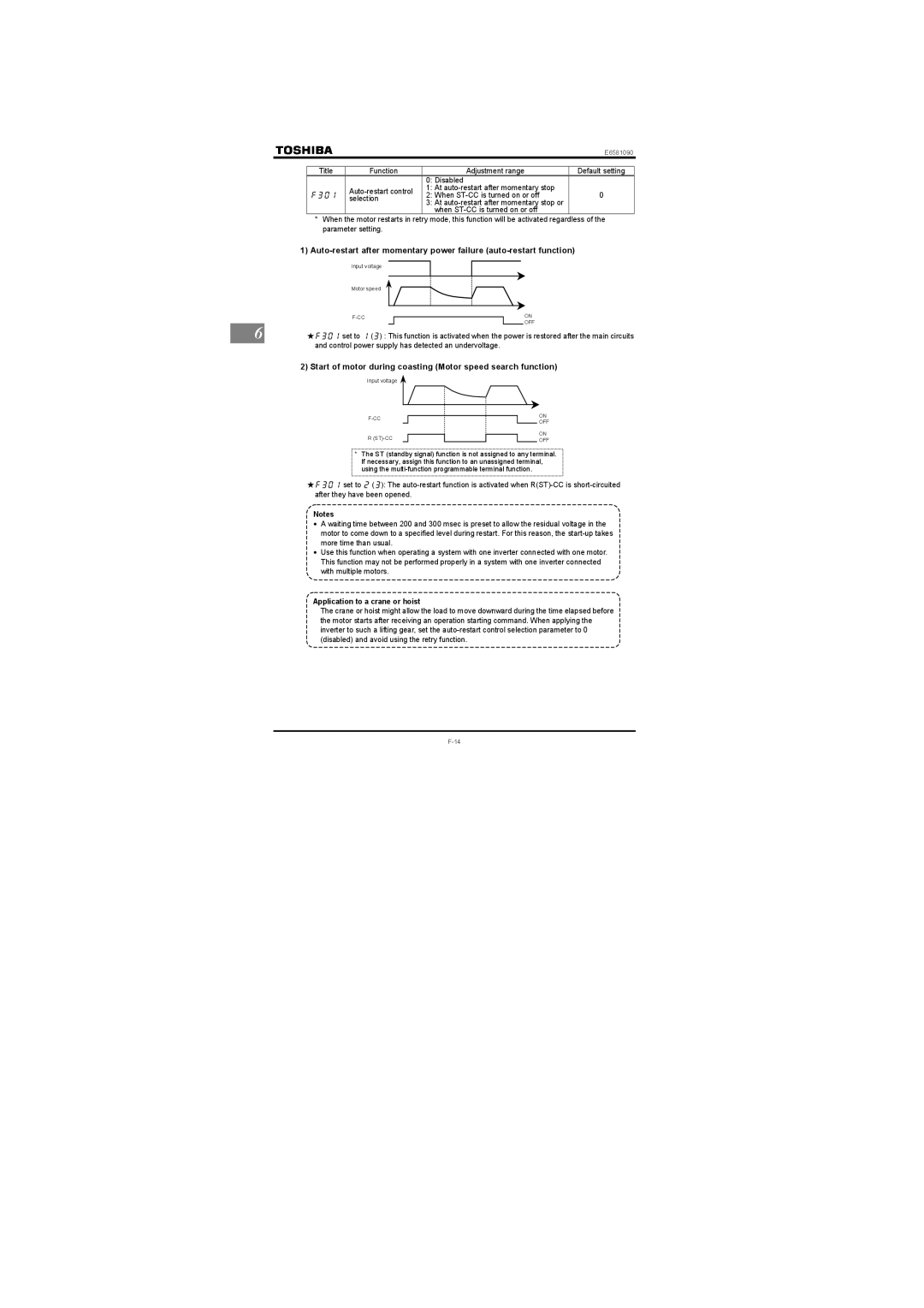 Toshiba VF-nC1 Start of motor during coasting Motor speed search function, Application to a crane or hoist 