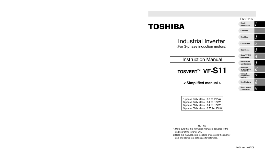 Toshiba VF-S11 manual Industrial Inverter, For 3-phase induction motors 