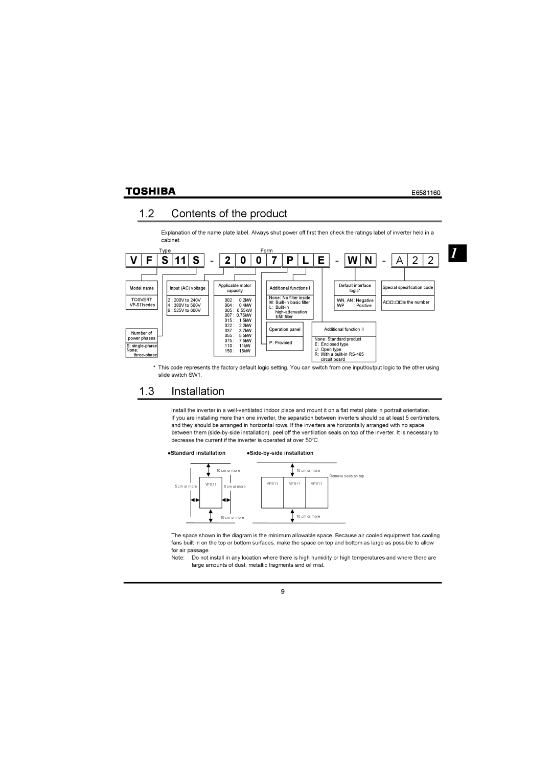 Toshiba VF-S11 manual Contents of the product, Installation 