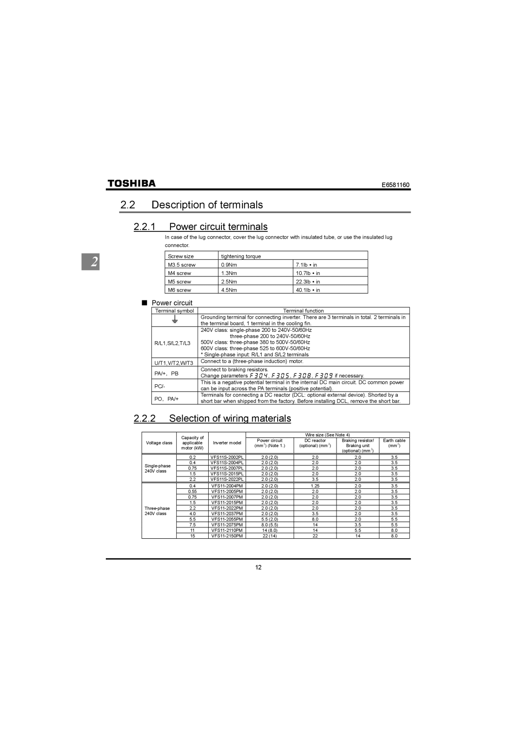 Toshiba VF-S11 manual Description of terminals, Power circuit terminals, Selection of wiring materials 