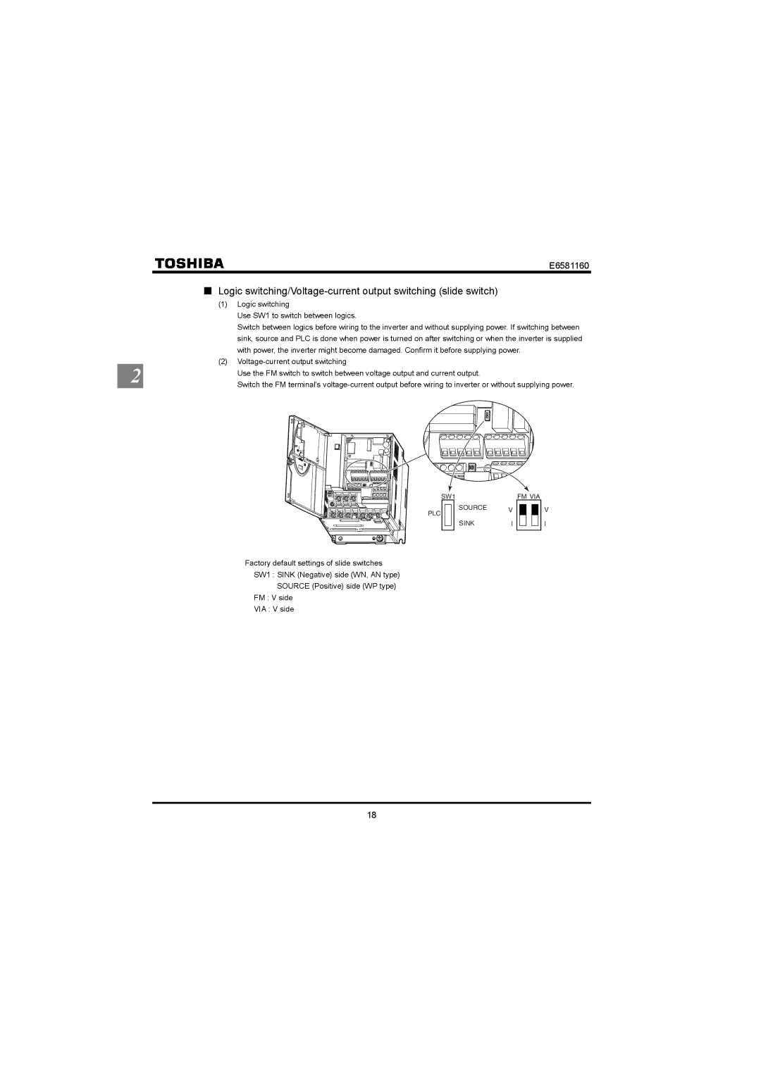 Toshiba VF-S11 manual SW1 Source PLC Sink 