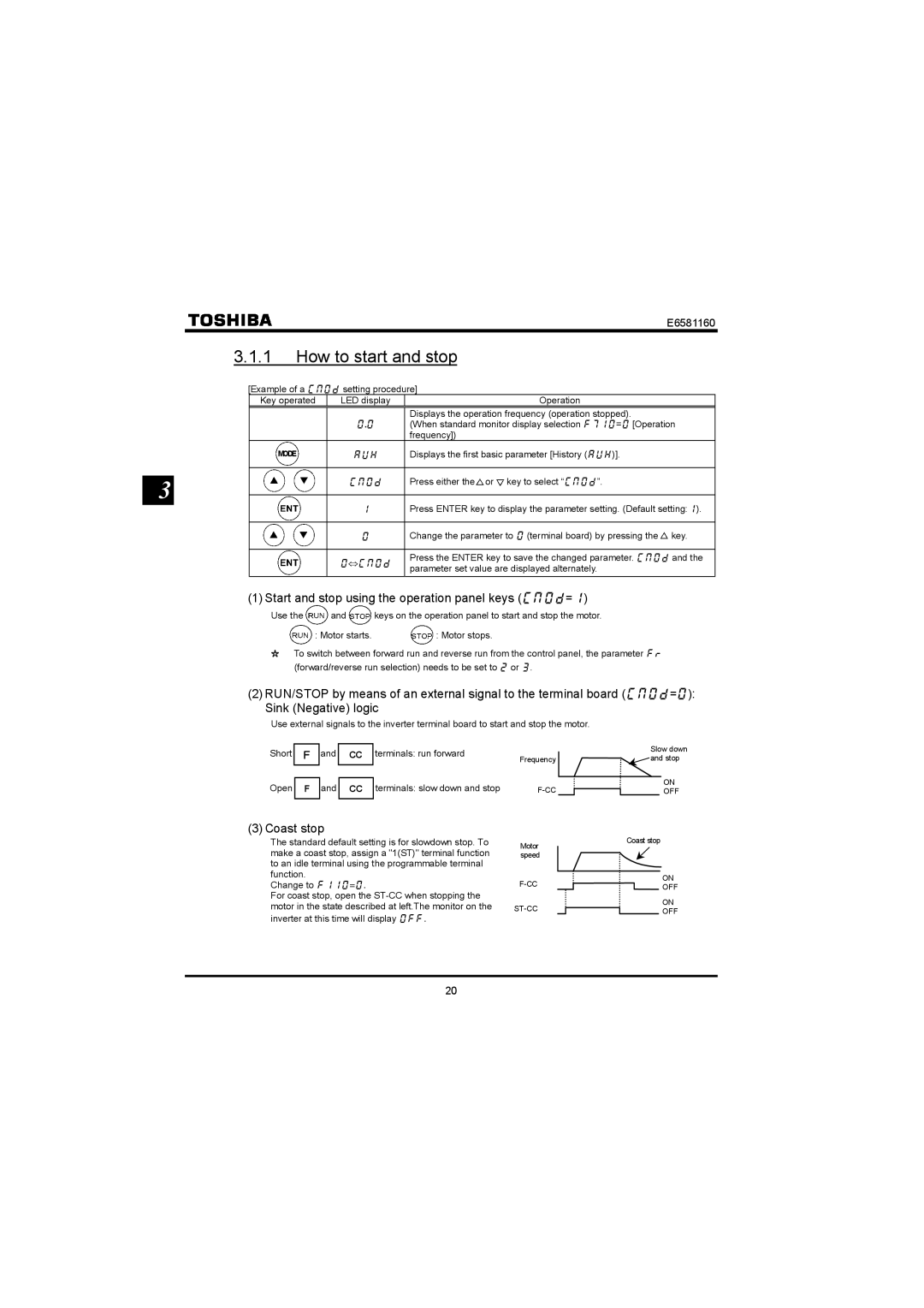 Toshiba VF-S11 manual How to start and stop, Start and stop using the operation panel keys EOQF=, Coast stop,  