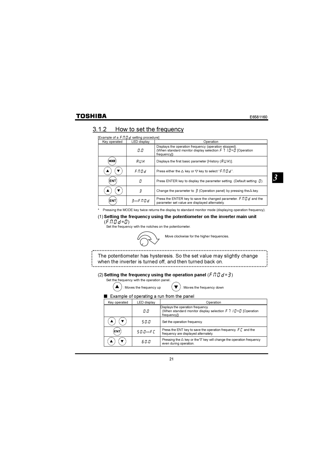 Toshiba VF-S11 manual How to set the frequency, Hoqf=, Example of operating a run from the panel 