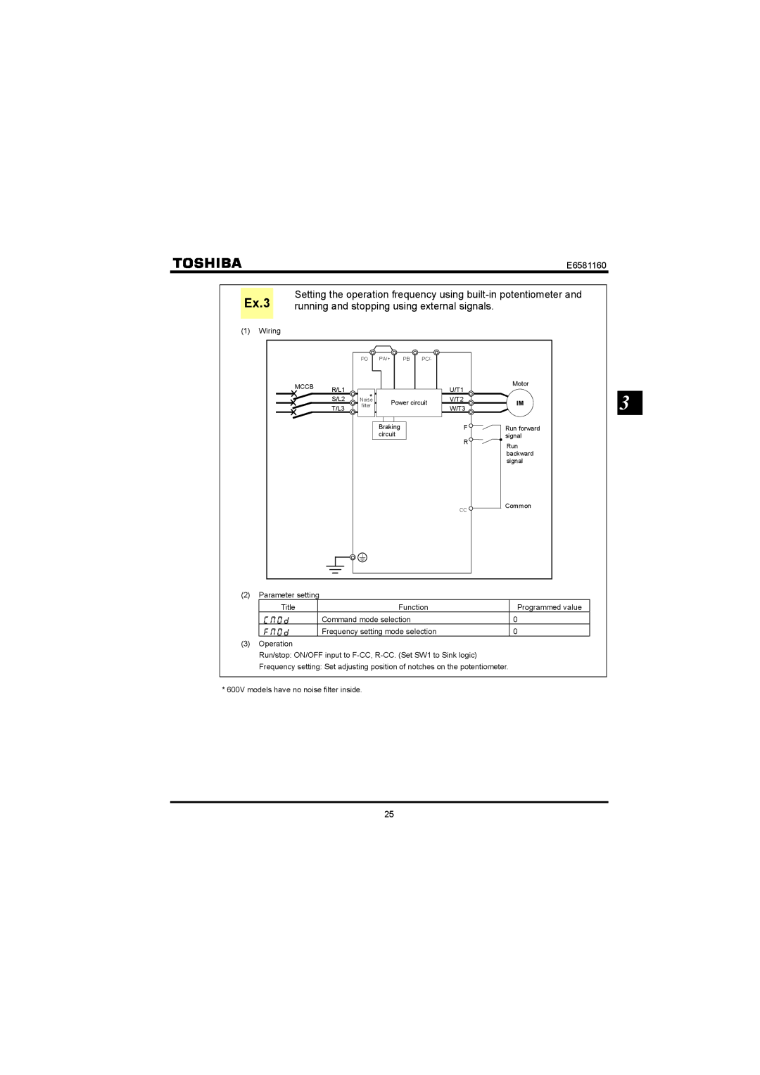 Toshiba VF-S11 manual Ex.3, Running and stopping using external signals 