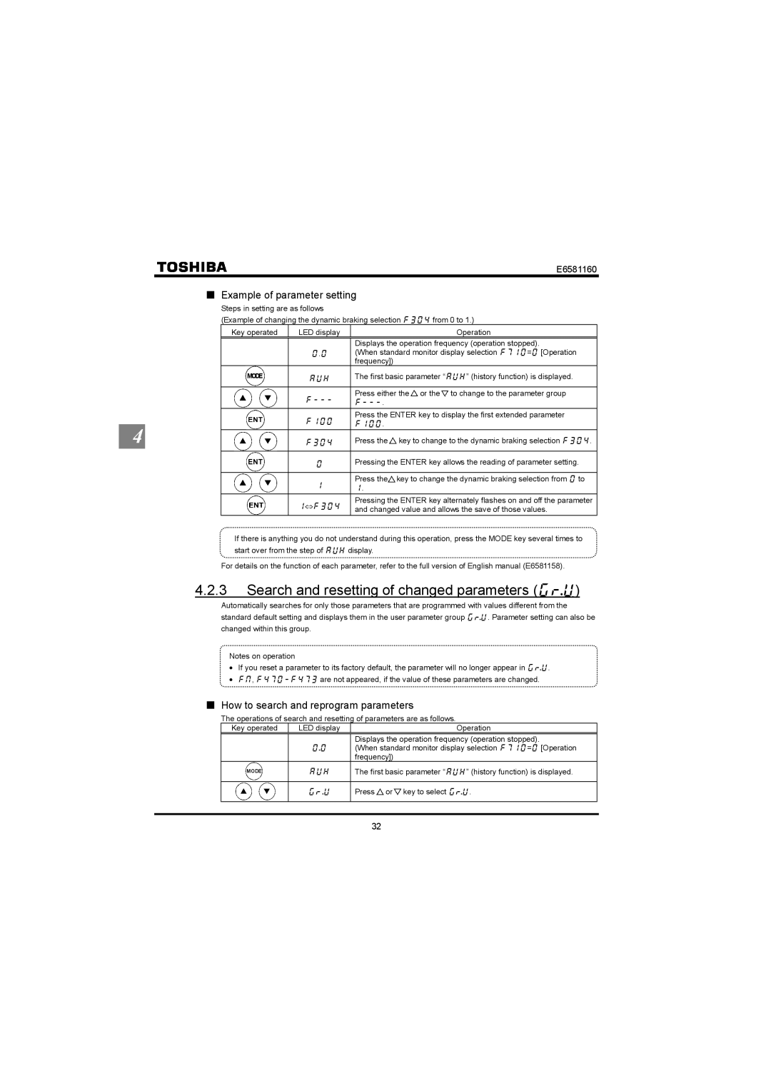 Toshiba VF-S11 manual Search and resetting of changed parameters I4W, Example of parameter setting 