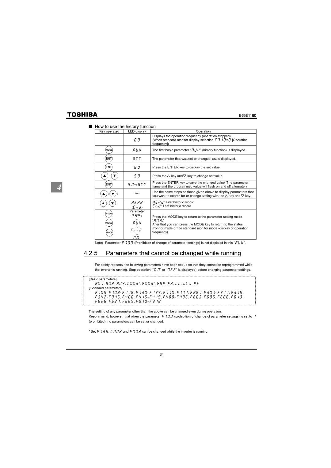 Toshiba VF-S11 manual Parameters that cannot be changed while running, How to use the history function, ⇔Cee 