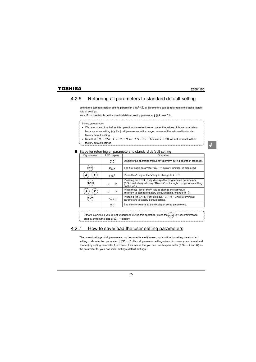 Toshiba VF-S11 Returning all parameters to standard default setting, How to save/load the user setting parameters, Kpkv 