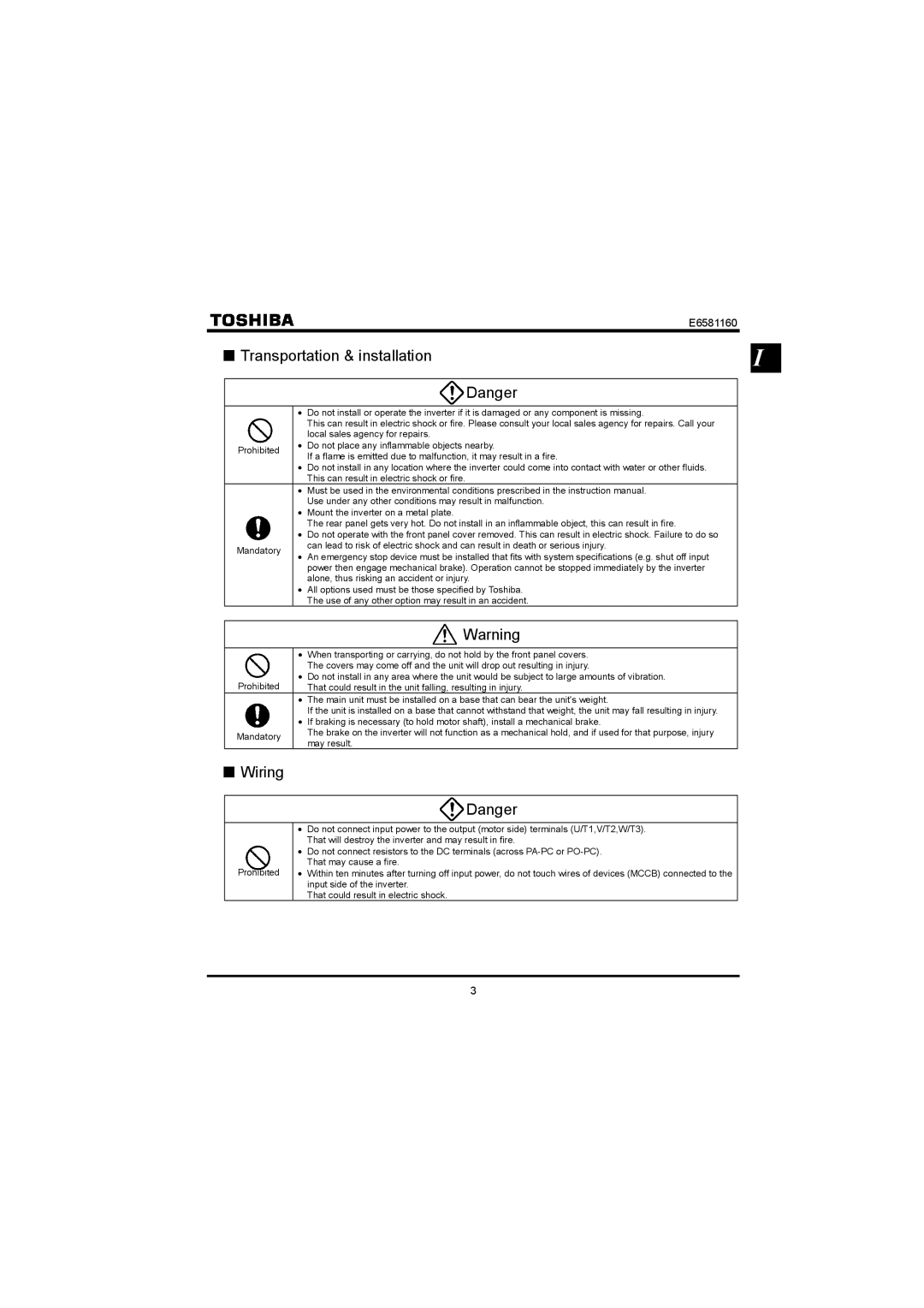 Toshiba VF-S11 manual Transportation & installation, Wiring 