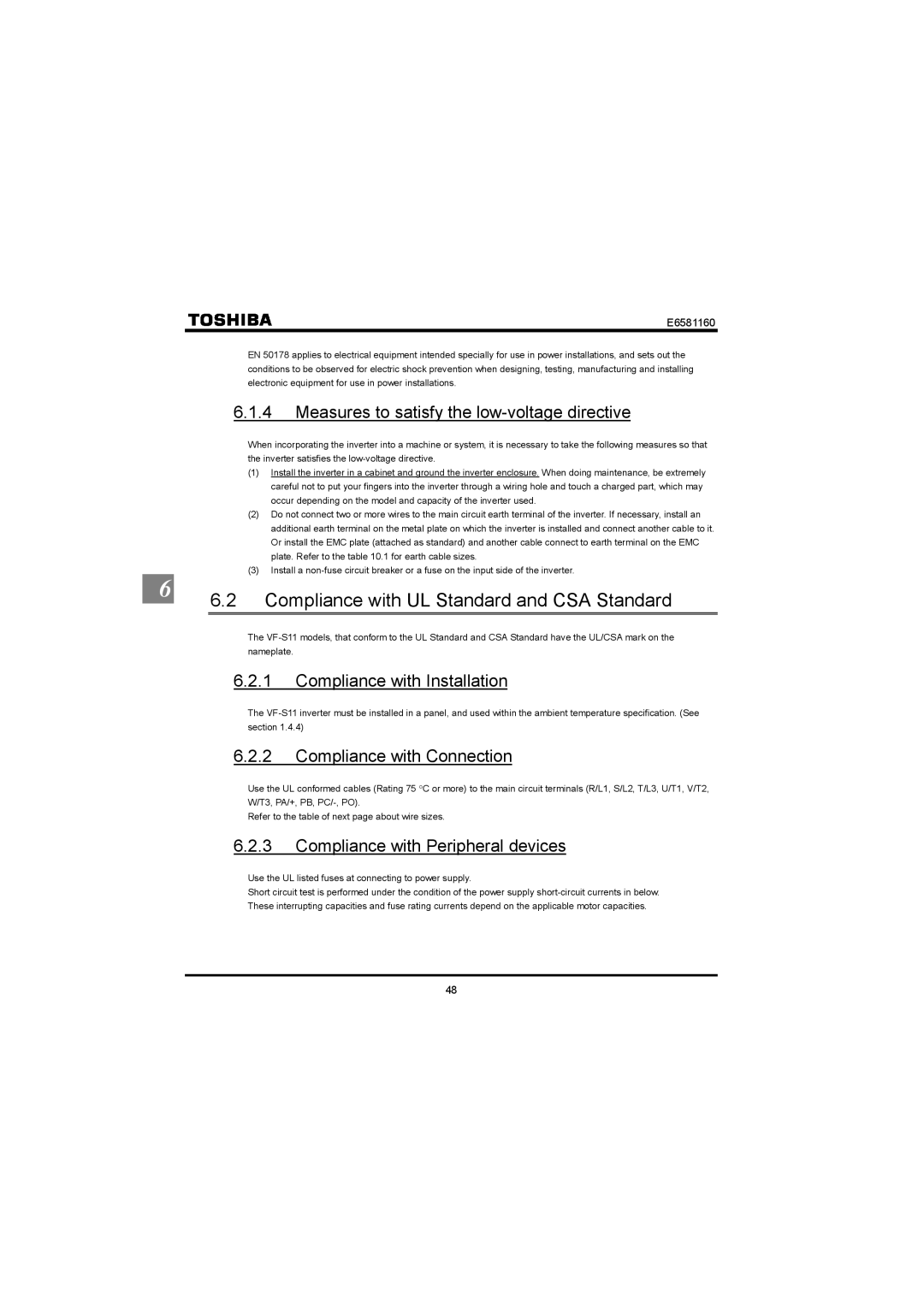 Toshiba VF-S11 manual Compliance with UL Standard and CSA Standard, Measures to satisfy the low-voltage directive 