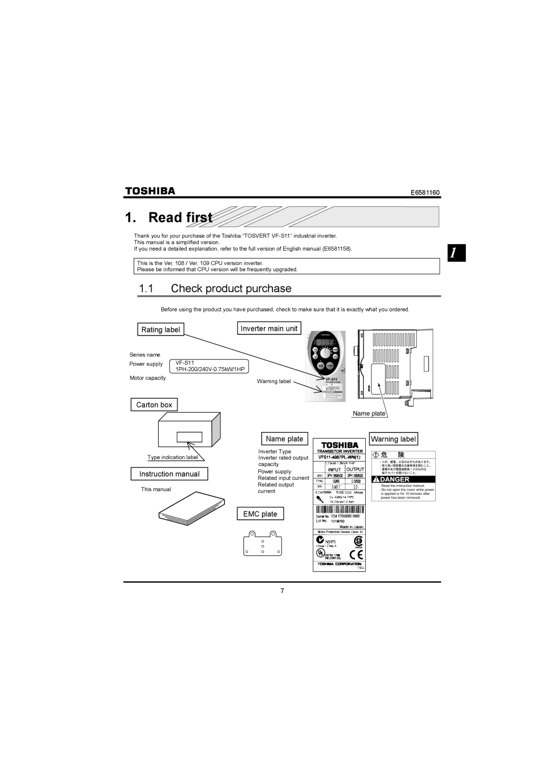 Toshiba VF-S11 manual Read first, Check product purchase 