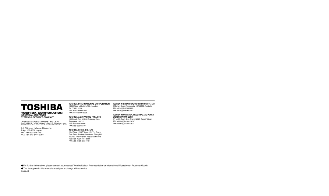 Toshiba VF-S11 manual Industrial and Power Systems & Services Company 