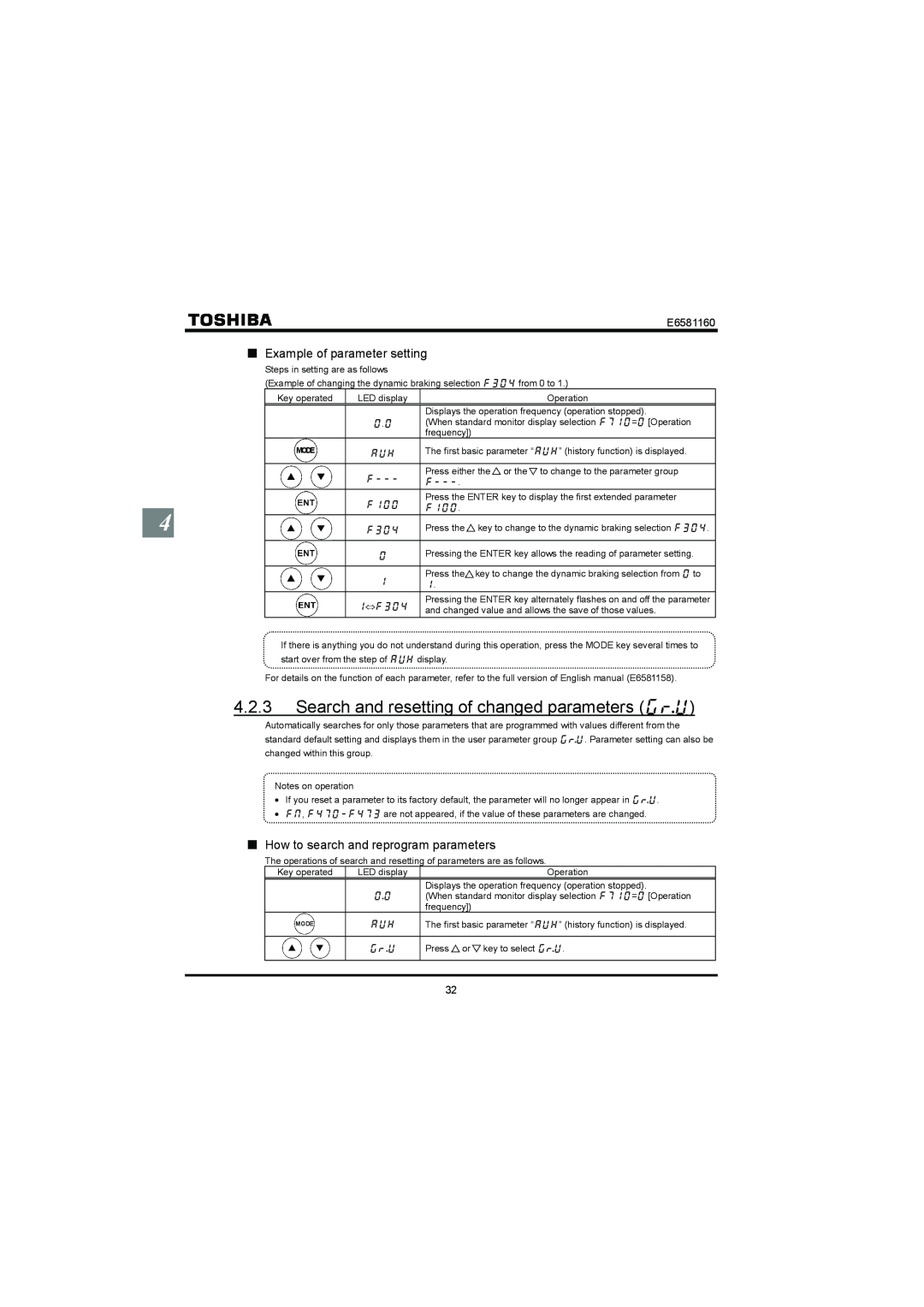 Toshiba VF-S11 manual QExample of parameter setting, QHow to search and reprogram parameters, E6581160 