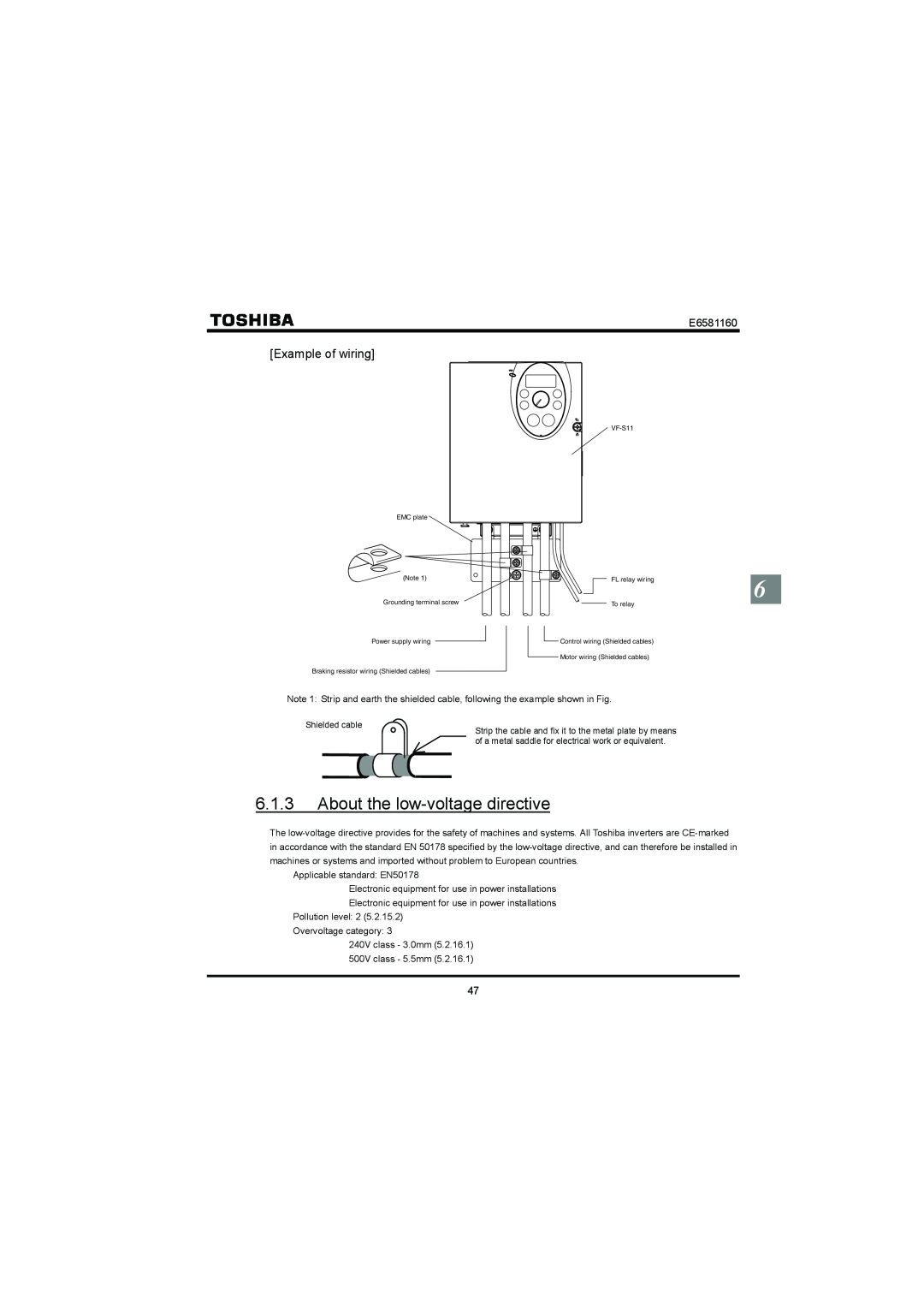 Toshiba VF-S11 manual 6.1.3About the low-voltagedirective, Example of wiring, E6581160 