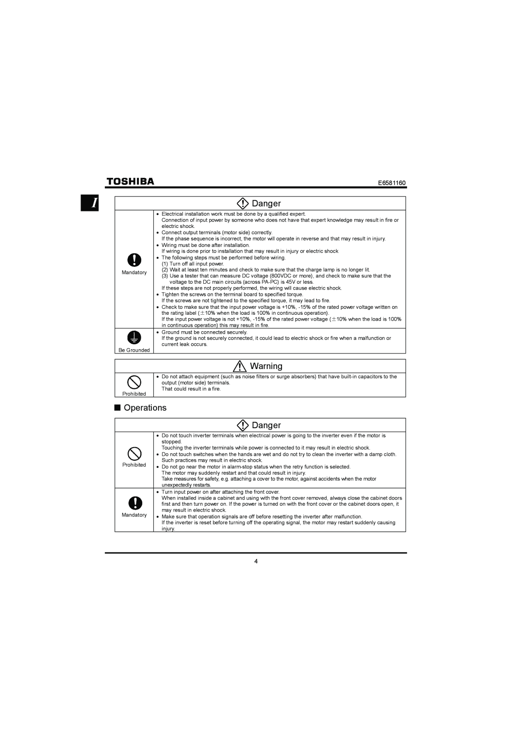 Toshiba VF-S11 manual QOperations Danger, E6581160 