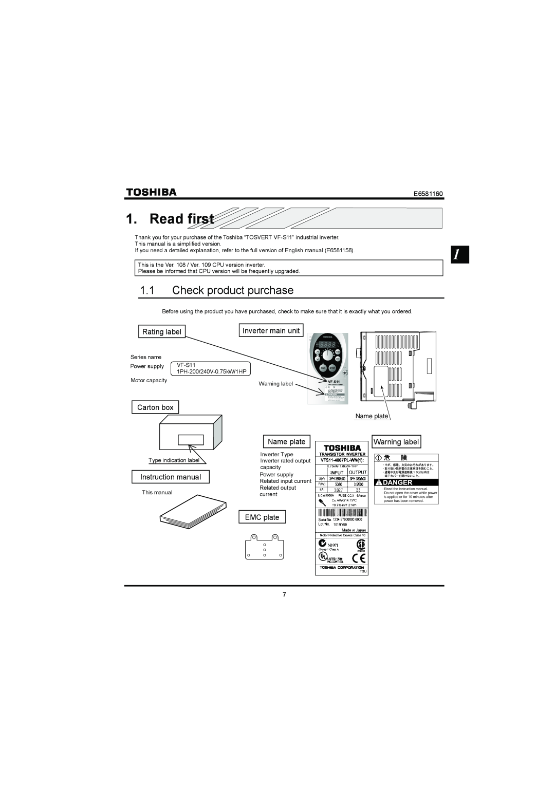 Toshiba VF-S11 manual Read first, 1.1Check product purchase, E6581160 