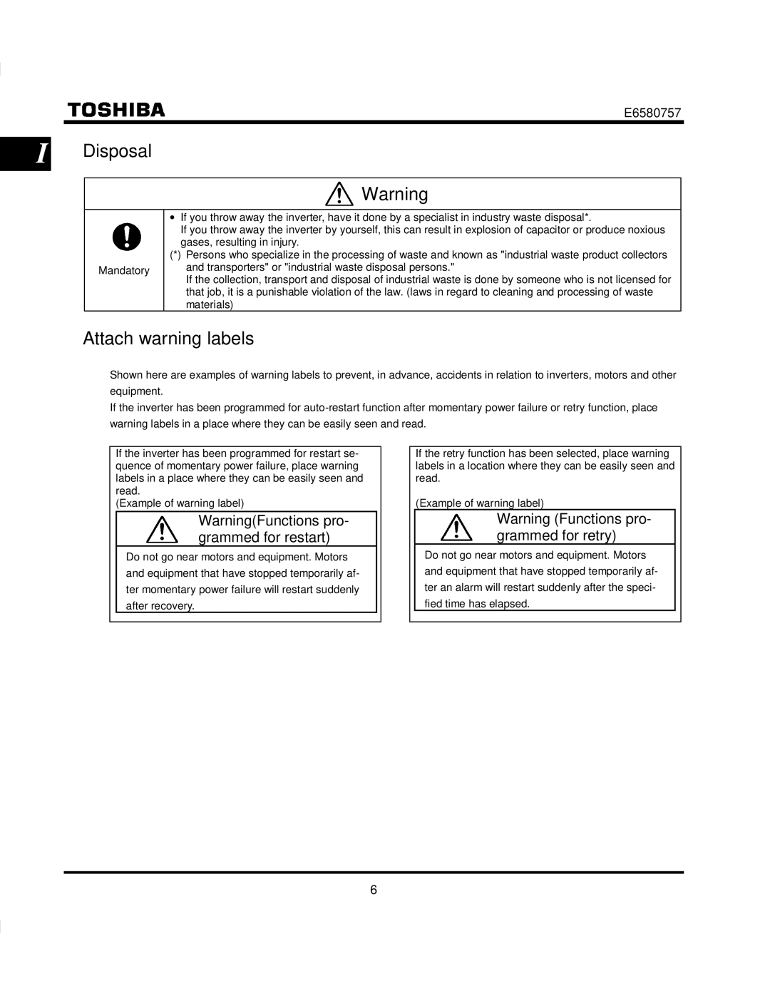 Toshiba VF-S9 manual Disposal, Attach warning labels 